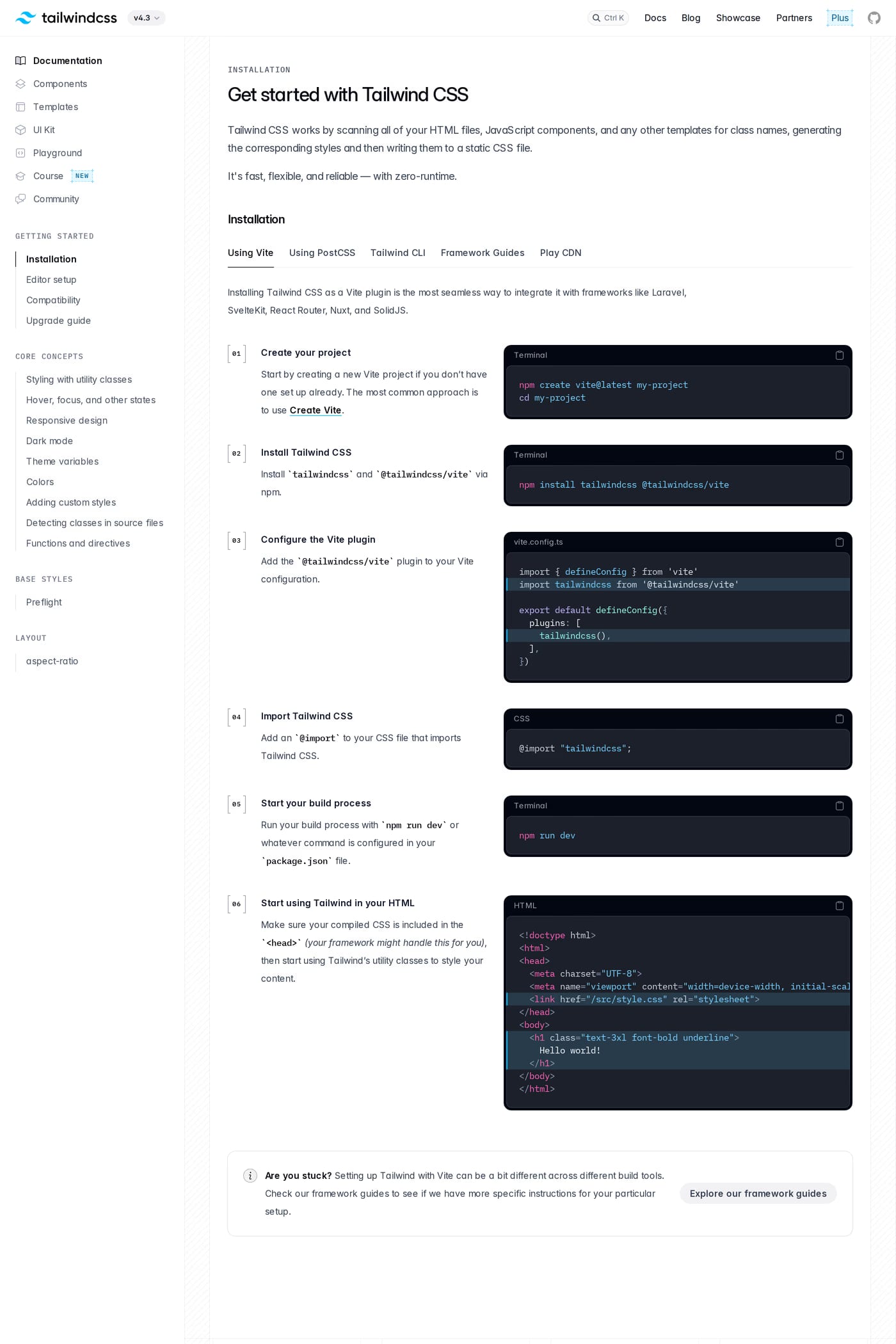 Tailwind CSS — screenshot of the docs page
