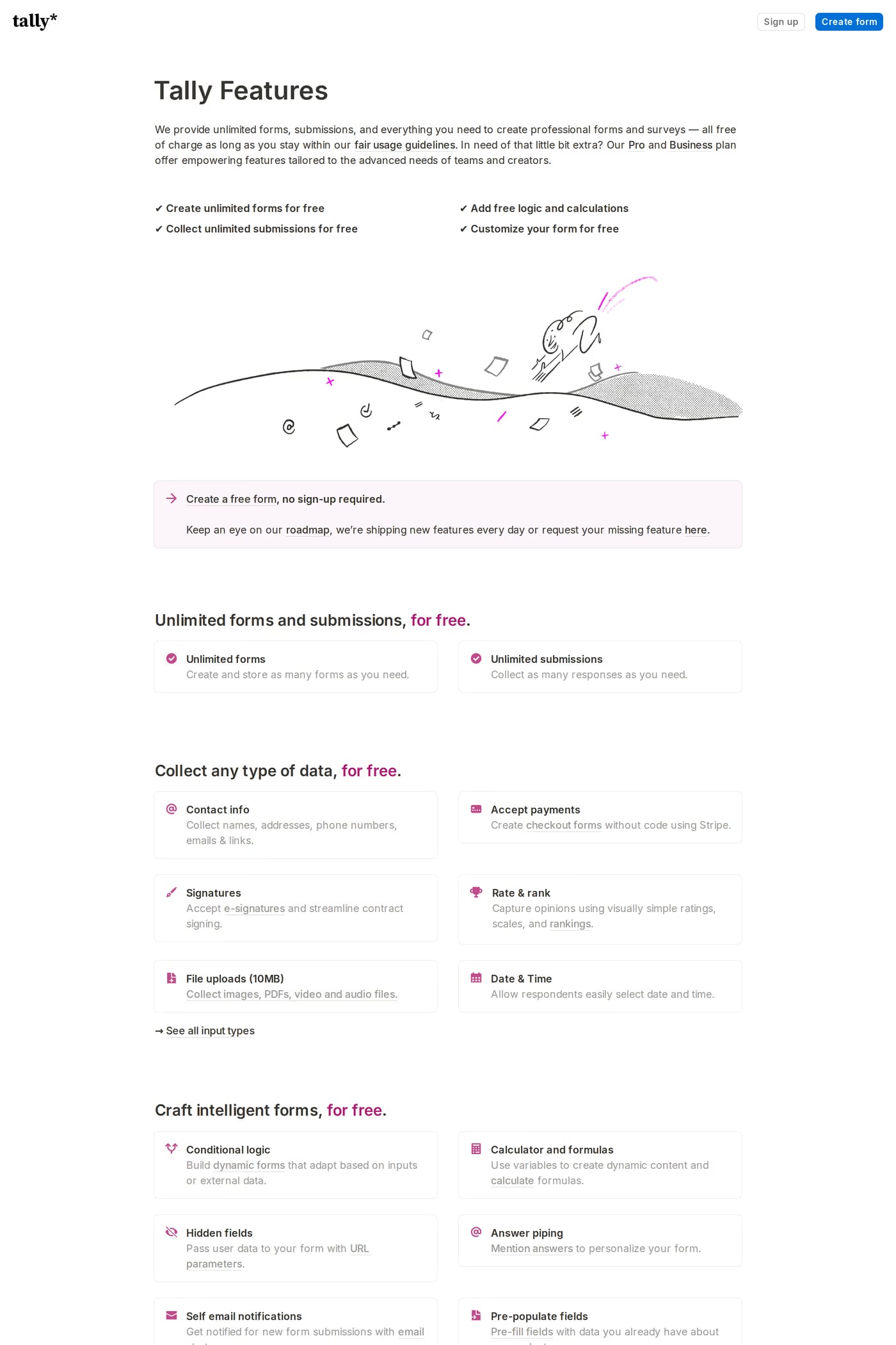 Tally features page
