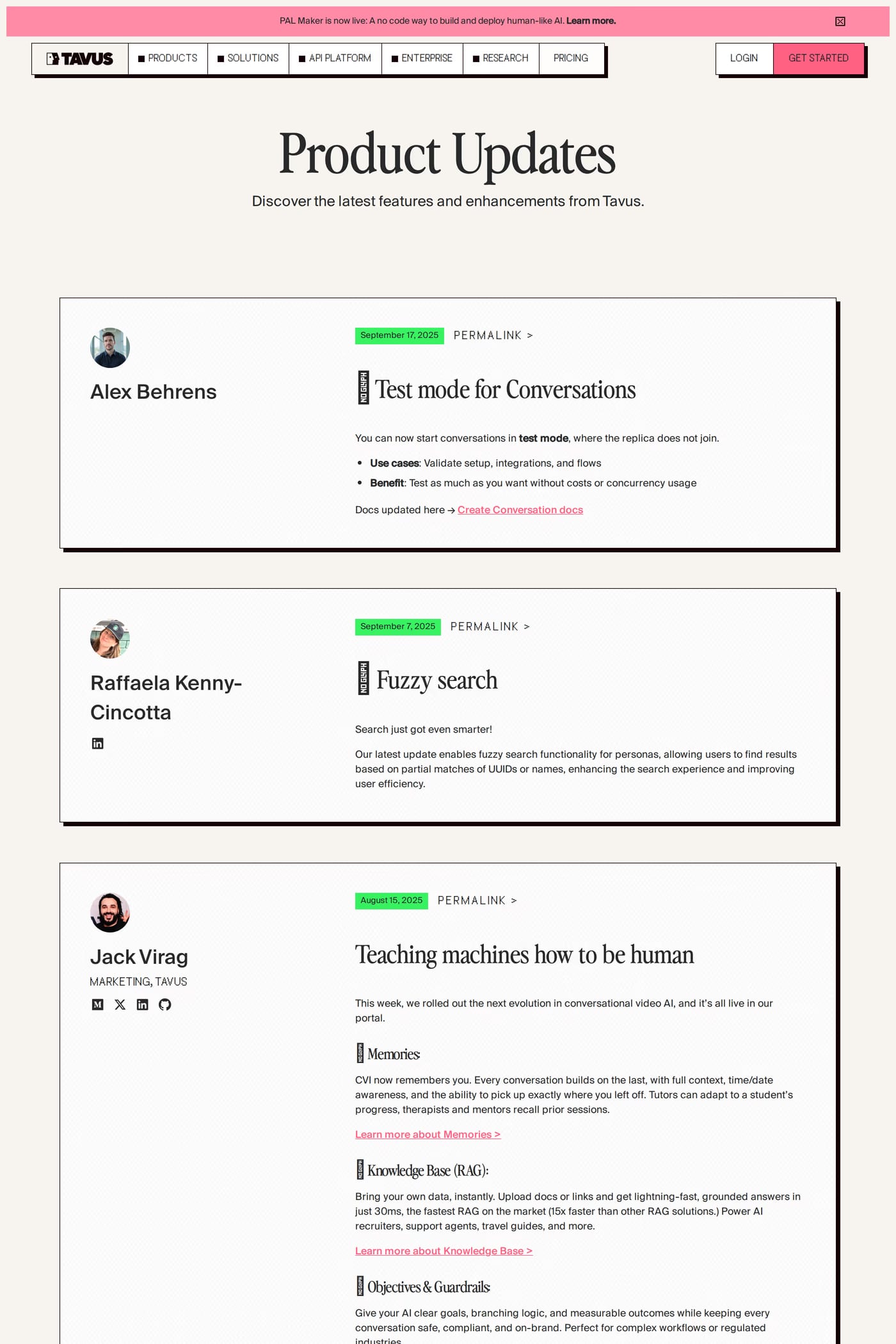 Tavus changelog page