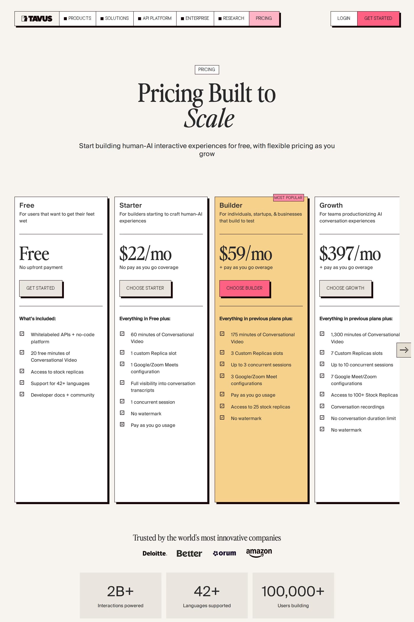 Tavus pricing page