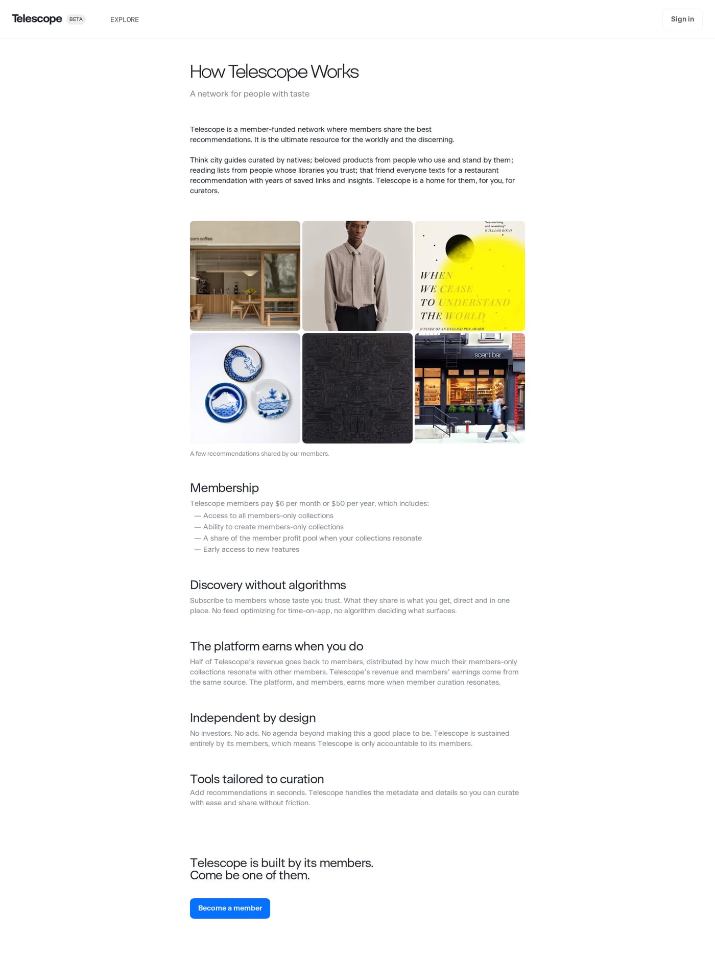Telescope — screenshot of the about page