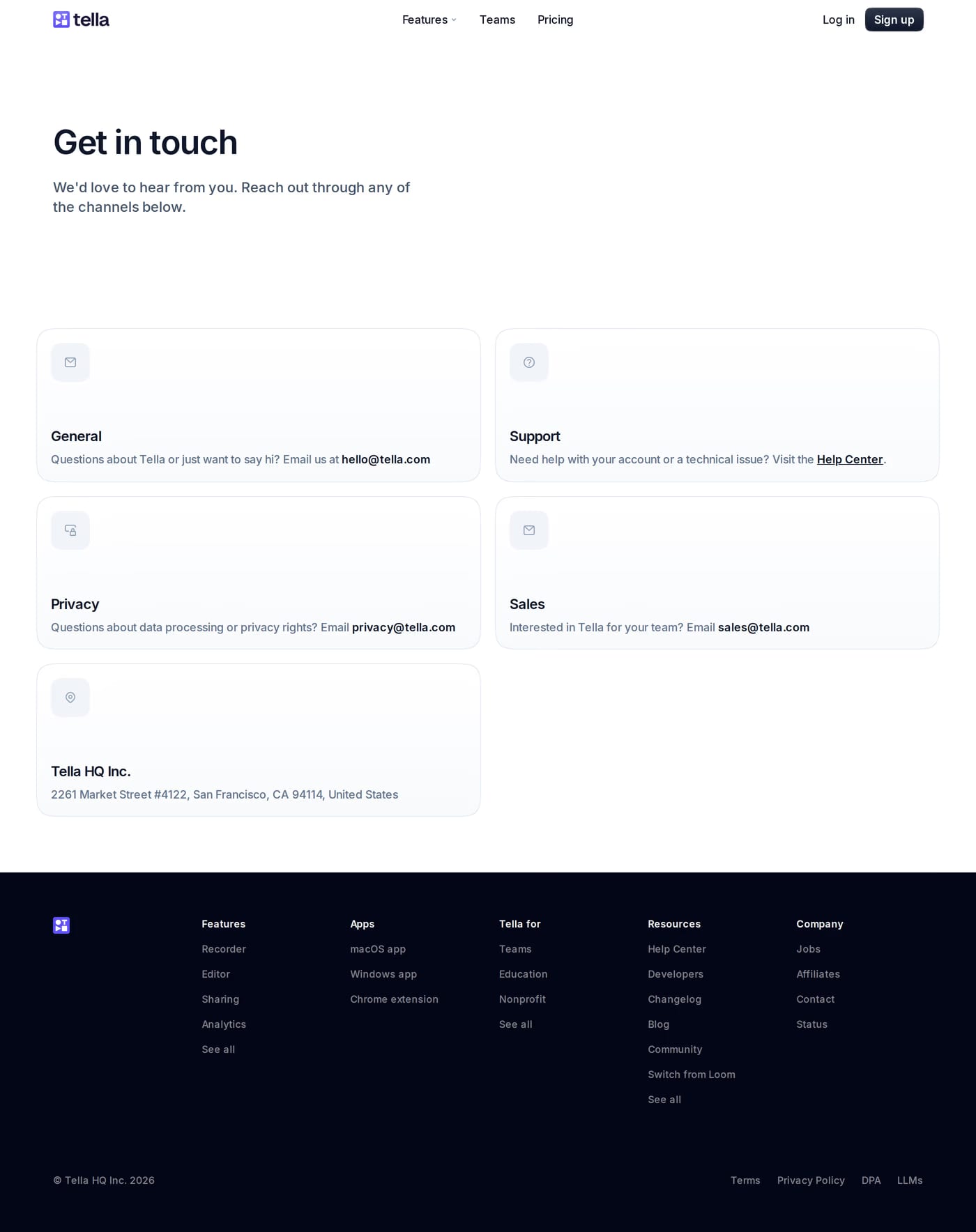 Tella contact page