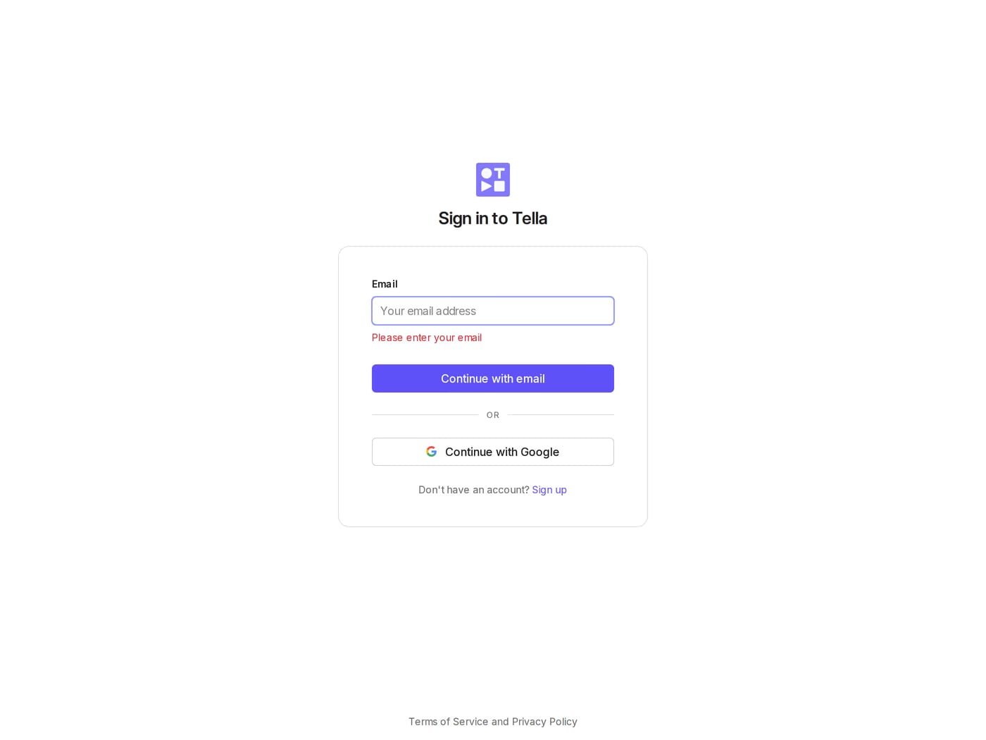 Tella login page