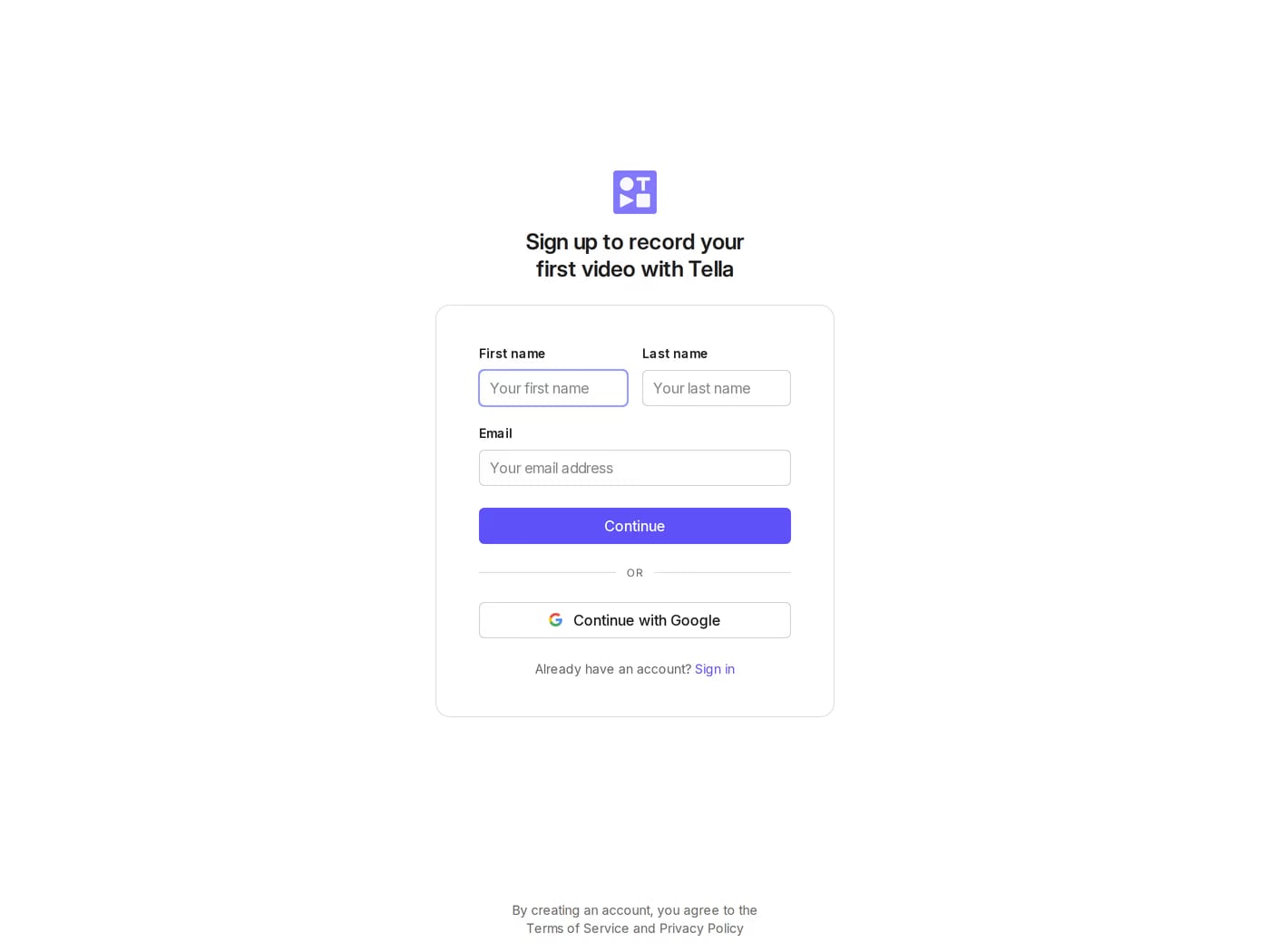 Tella sign up page