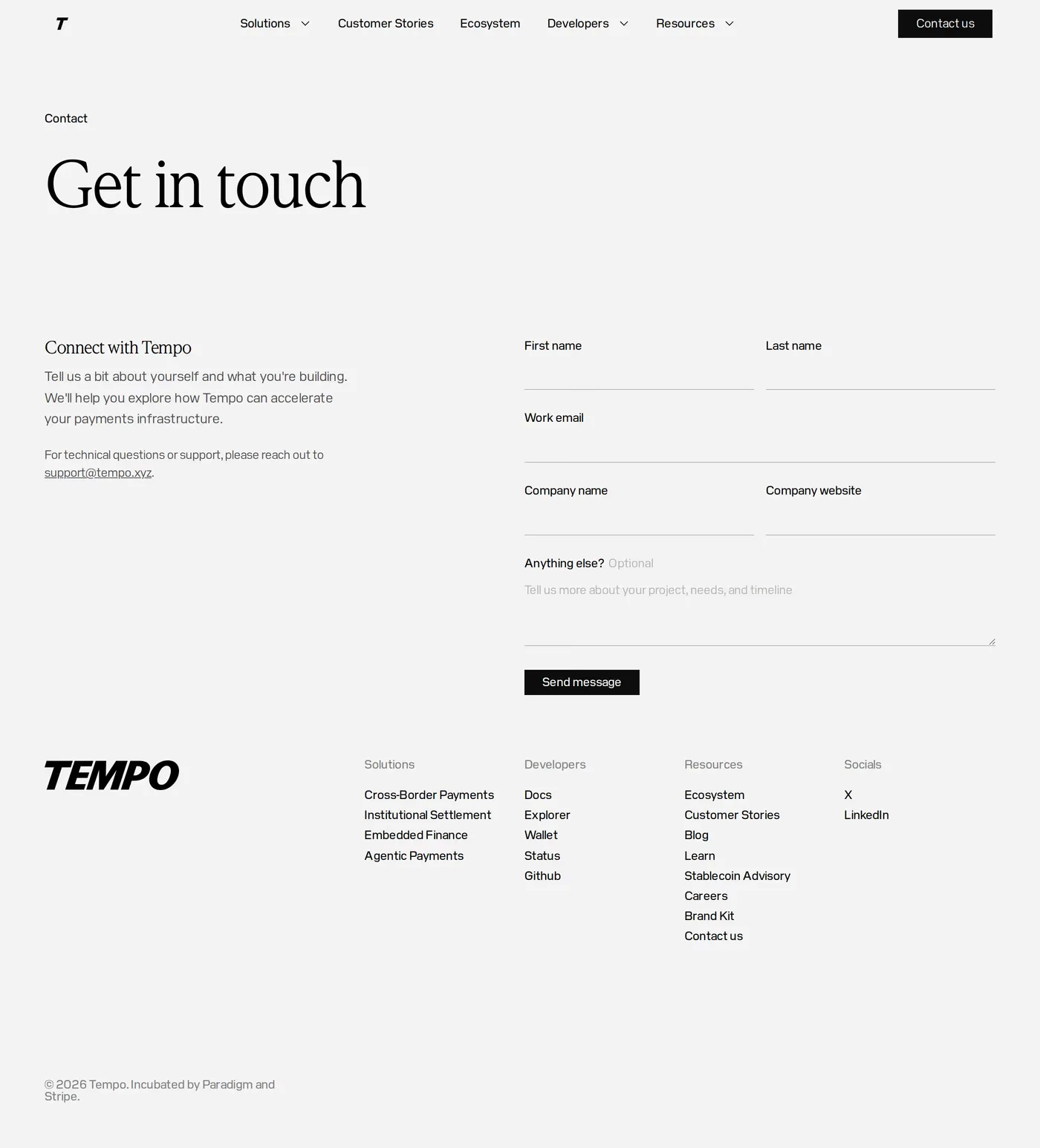 Tempo — screenshot of the contact page