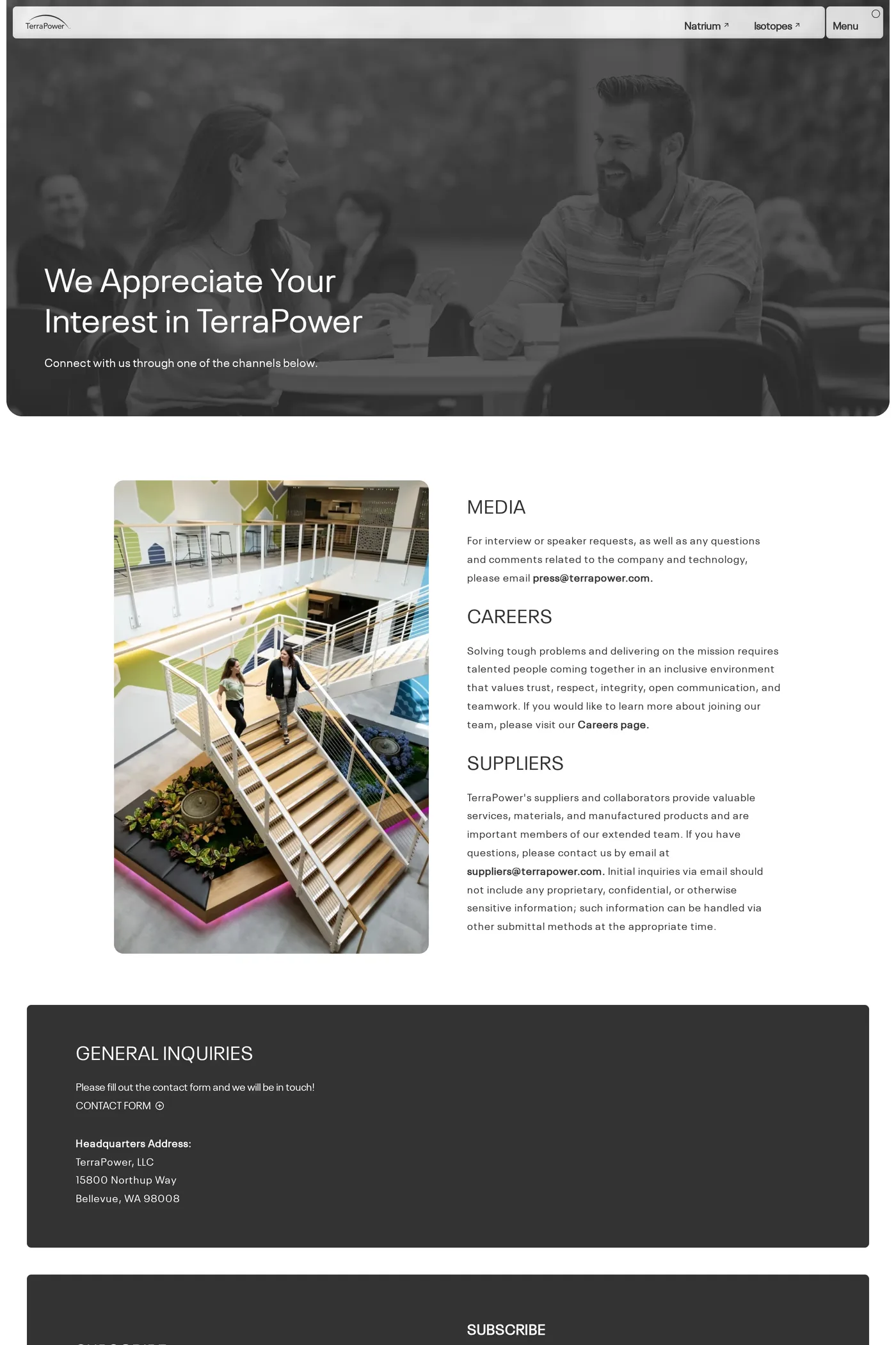 TerraPower — screenshot of the contact page