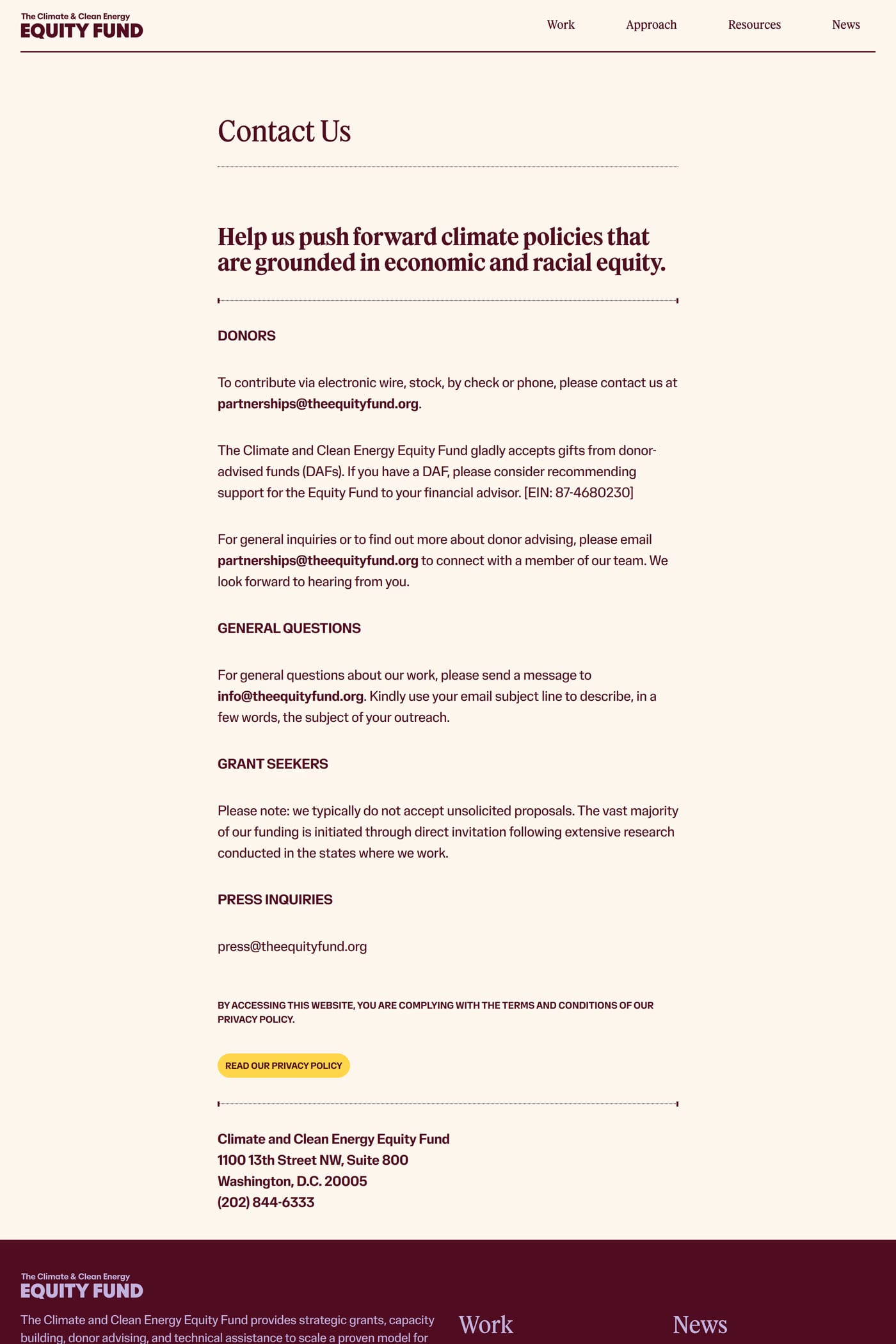The Equity Fund — screenshot of the contact page