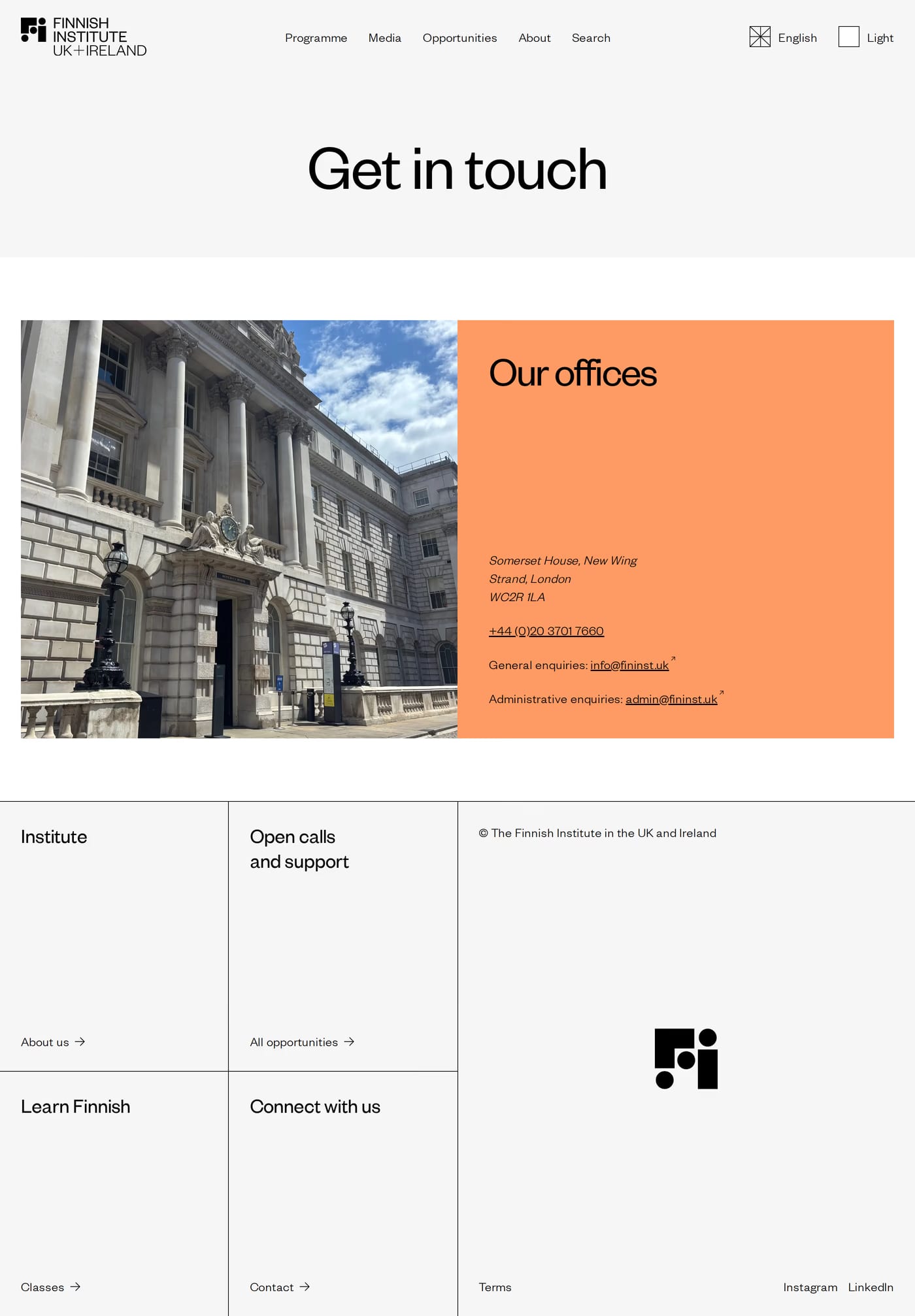 The Finnish Institute in the UK and Ireland — screenshot of the contact page