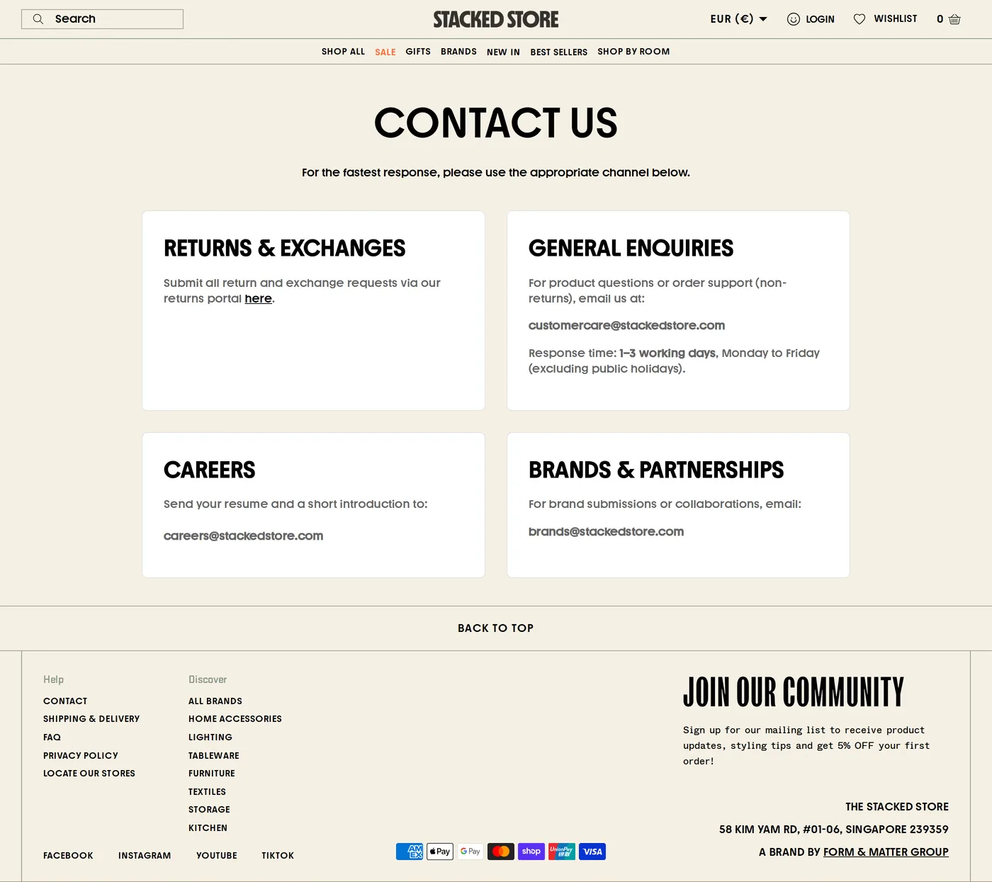The Stacked Store — screenshot of the contact page