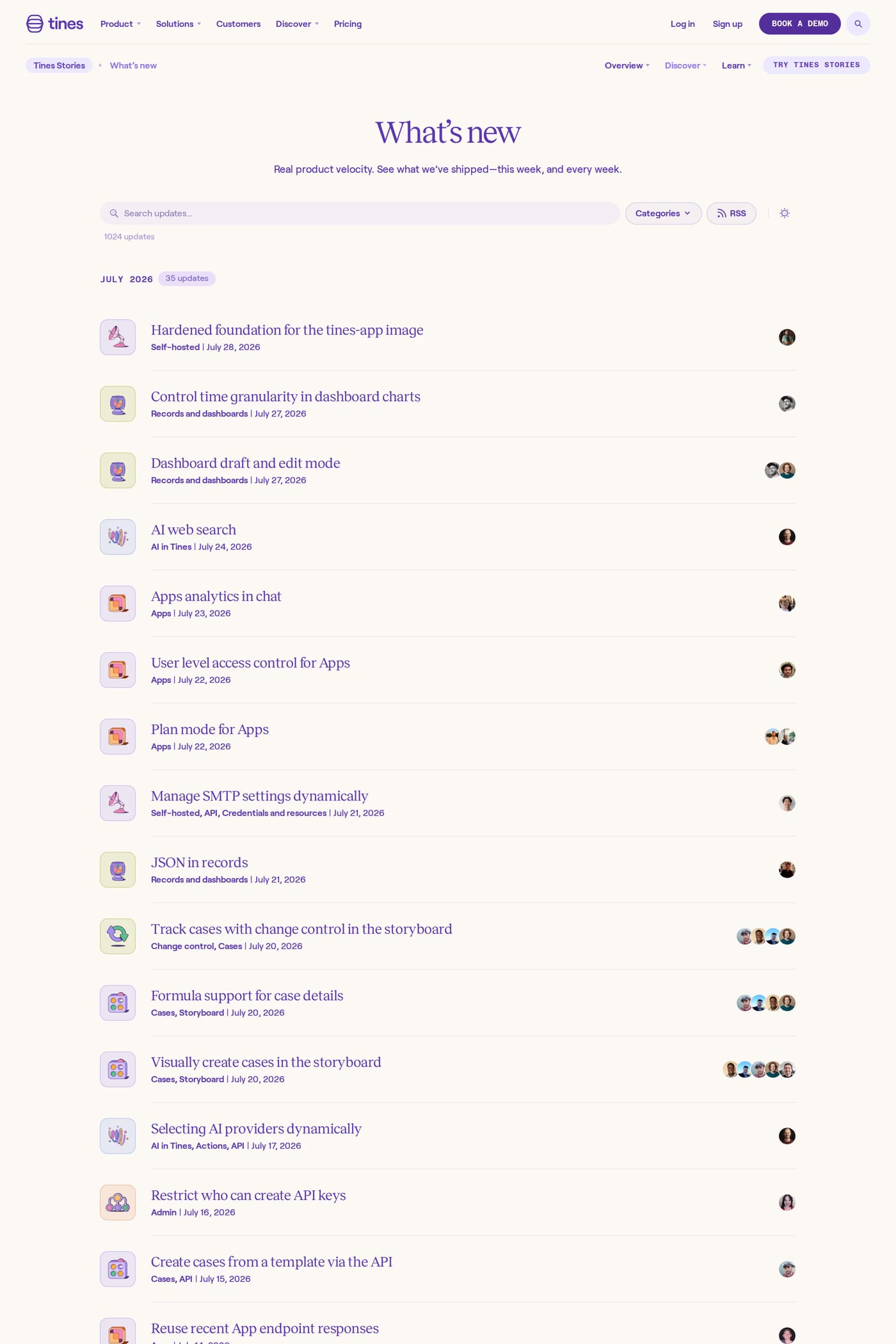 Tines changelog page