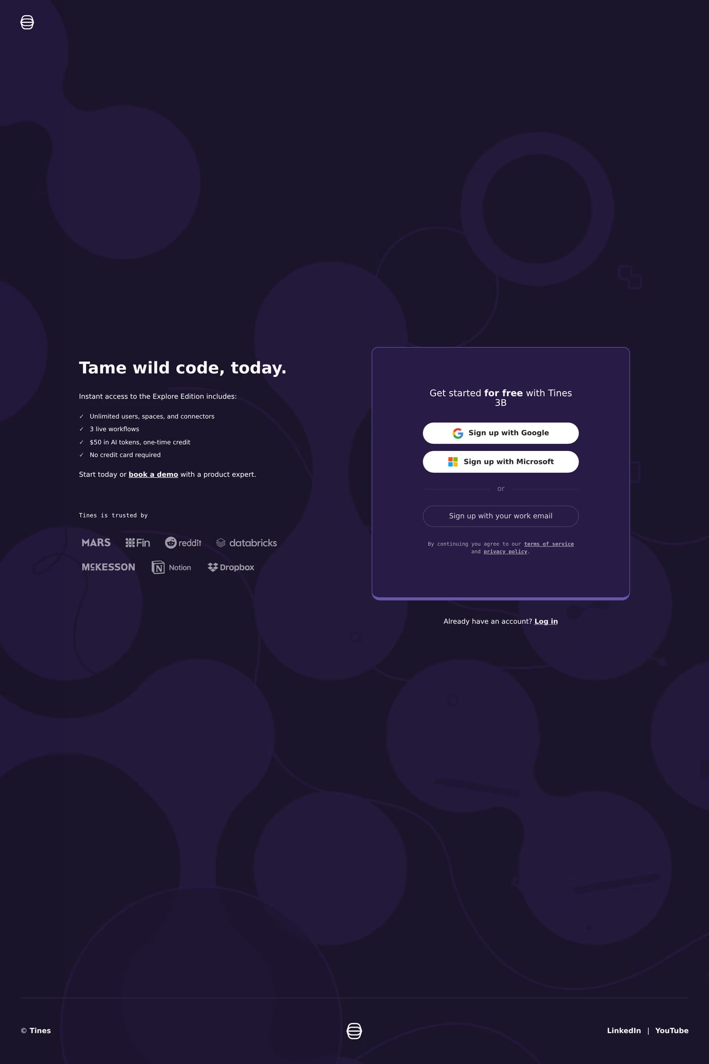 Tines sign up page