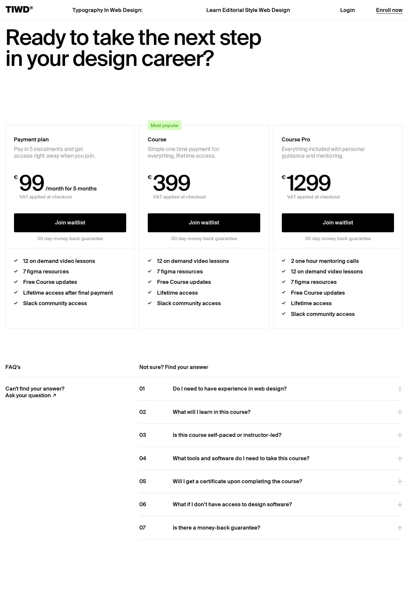 Typography In Web Design — screenshot of the pricing page