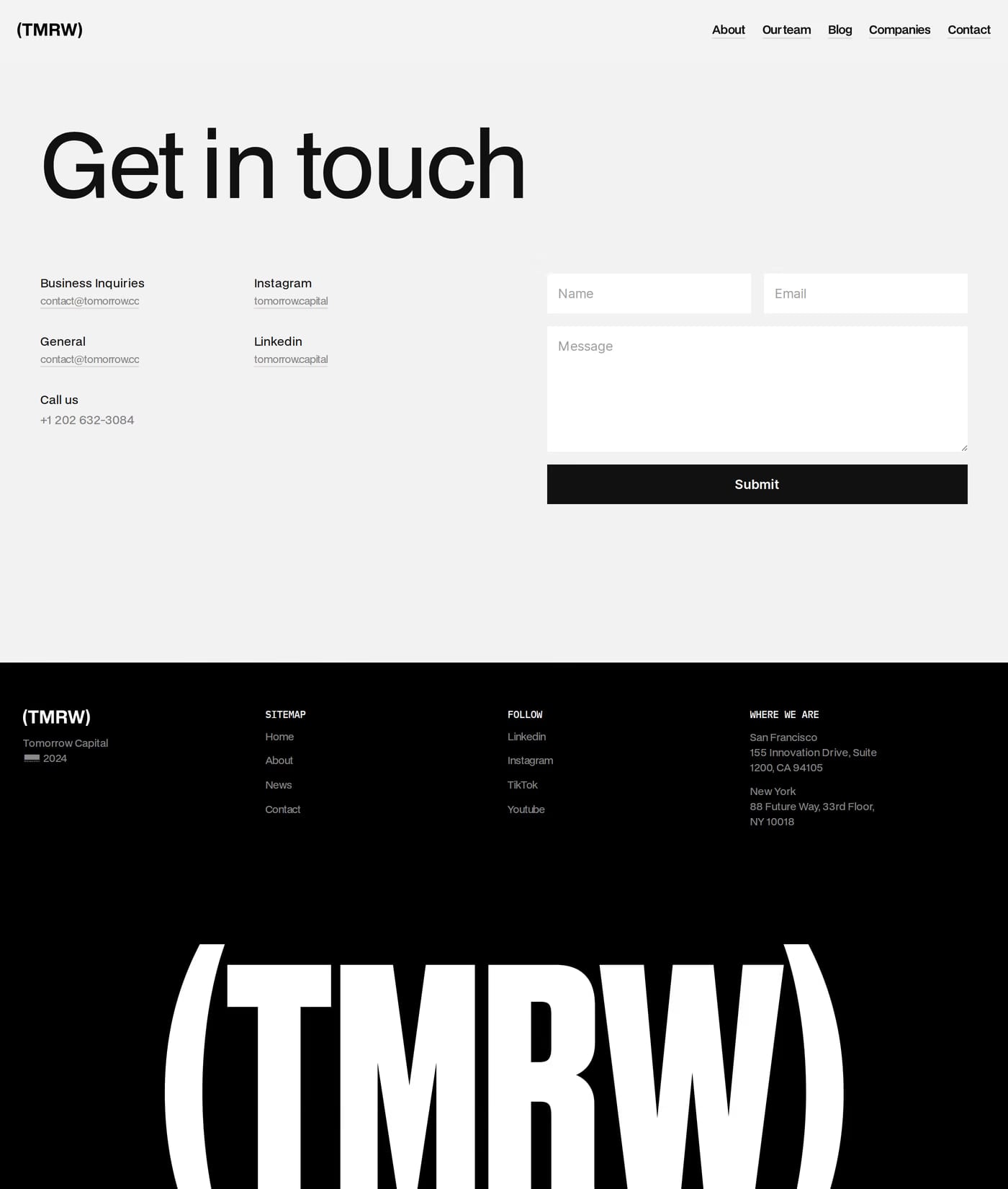 Tomorrow — screenshot of the contact page