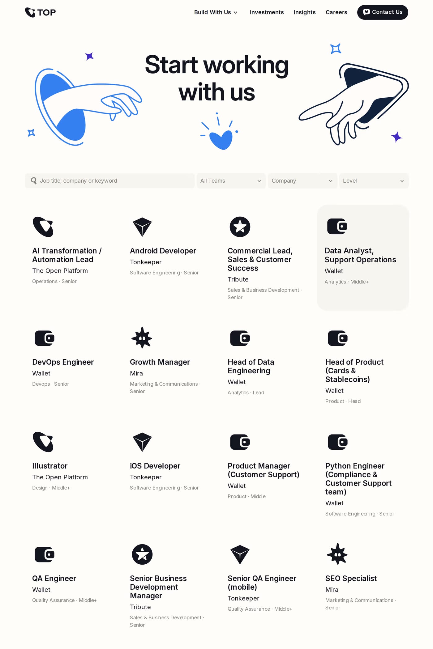 TOP — screenshot of the careers page