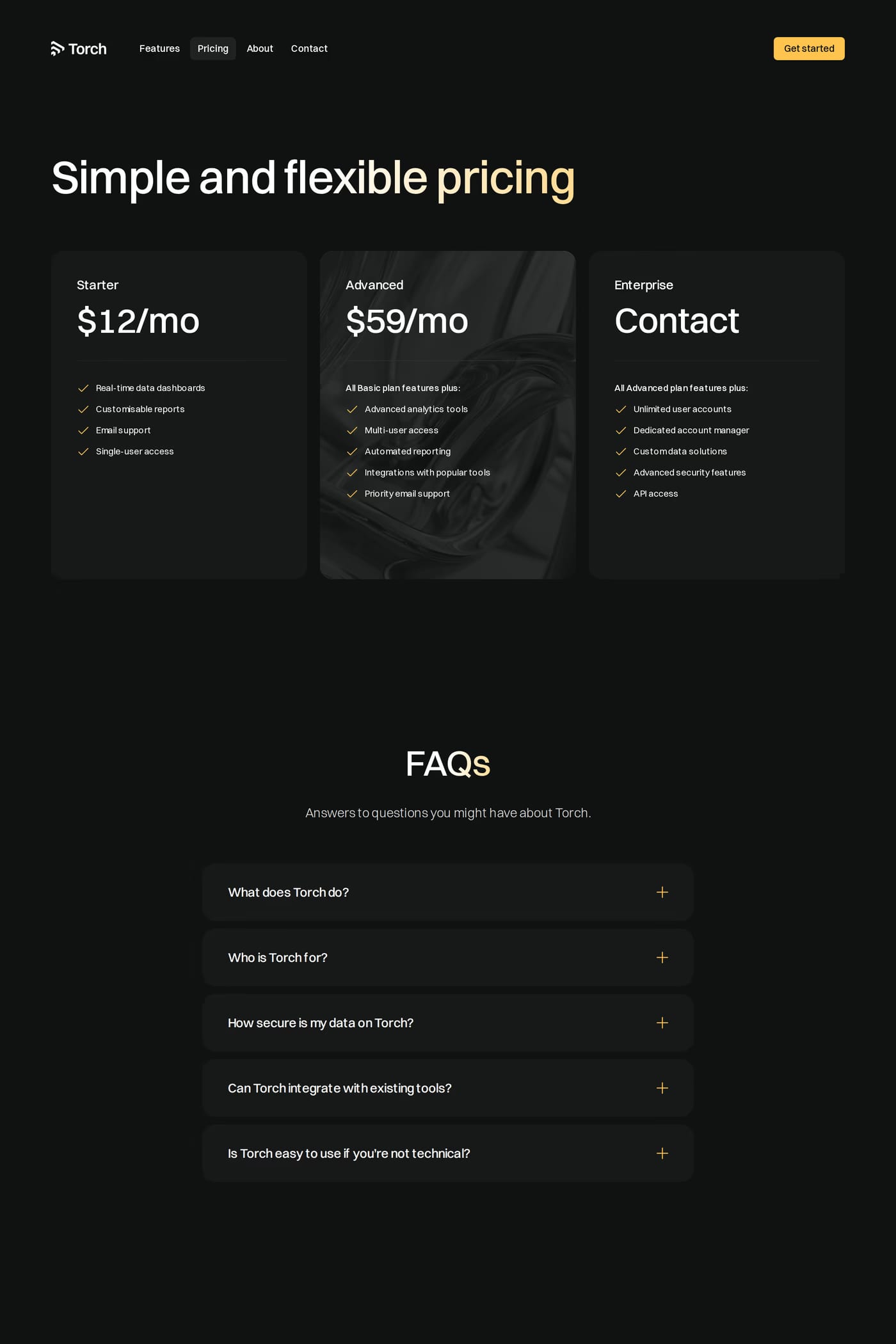 Torch — screenshot of the pricing page