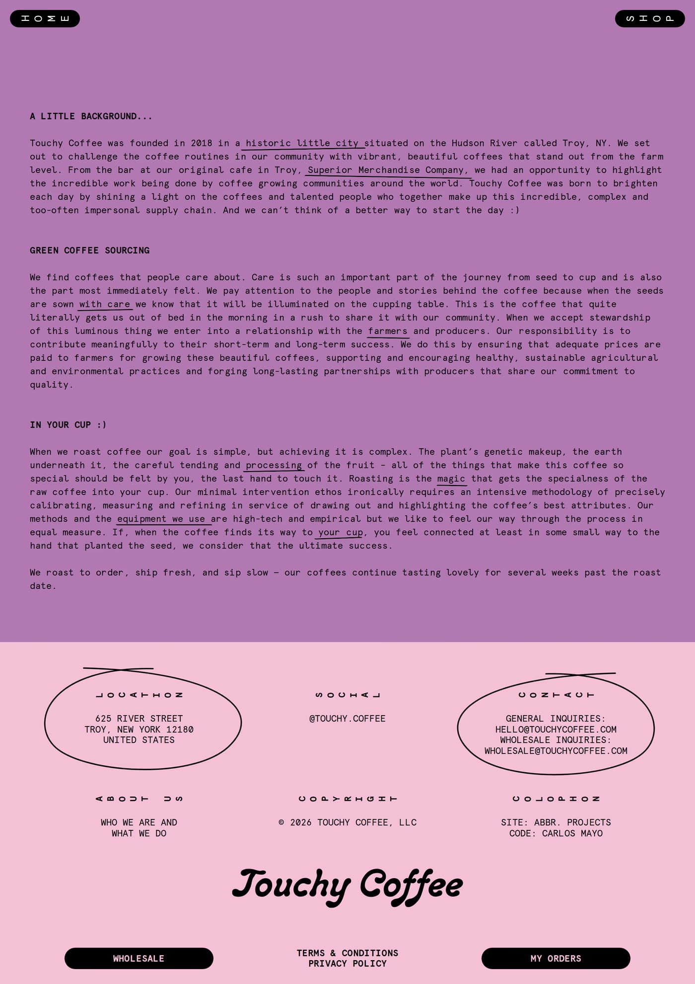 Touchy Coffee — screenshot of the about page