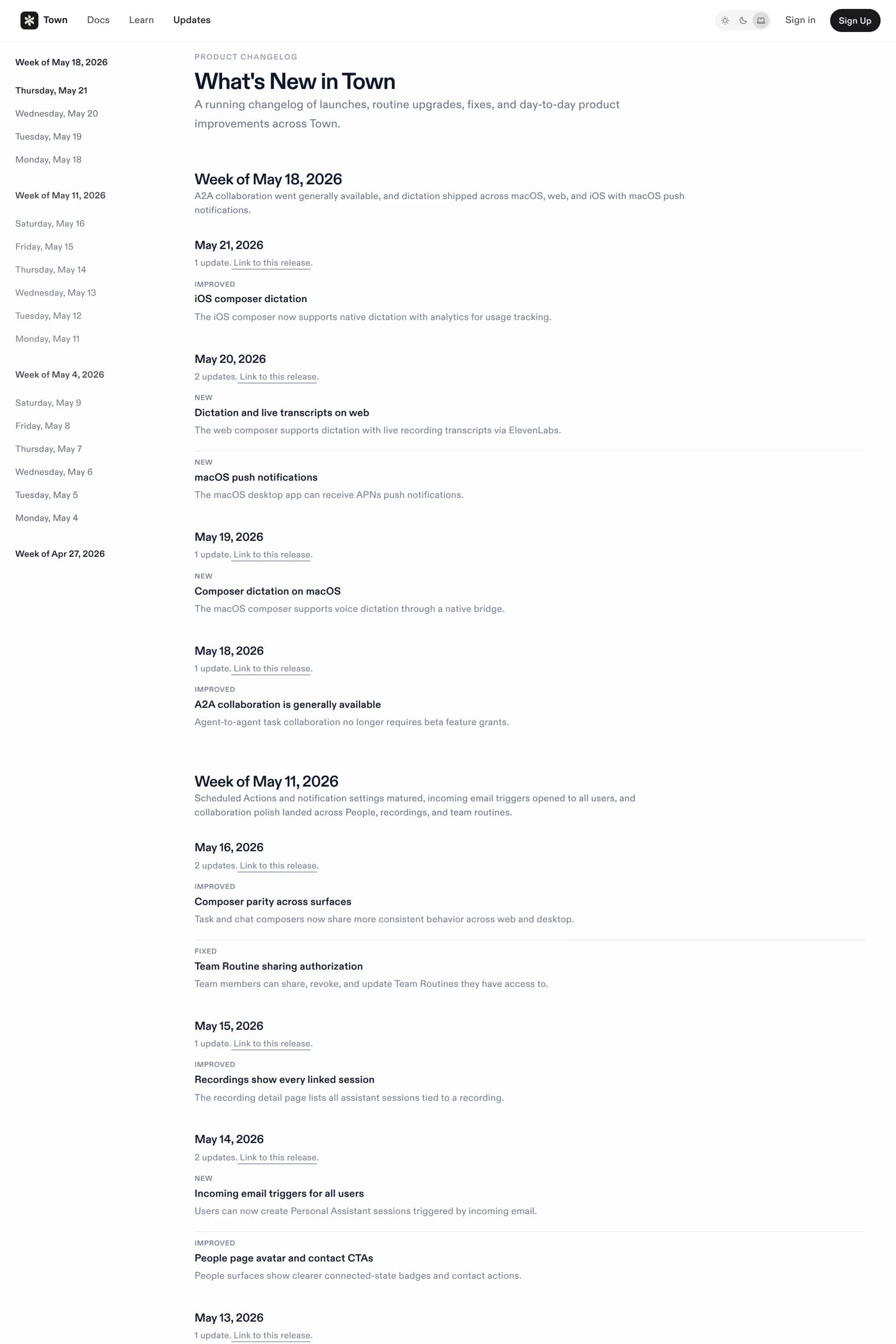 Town — screenshot of the blog page