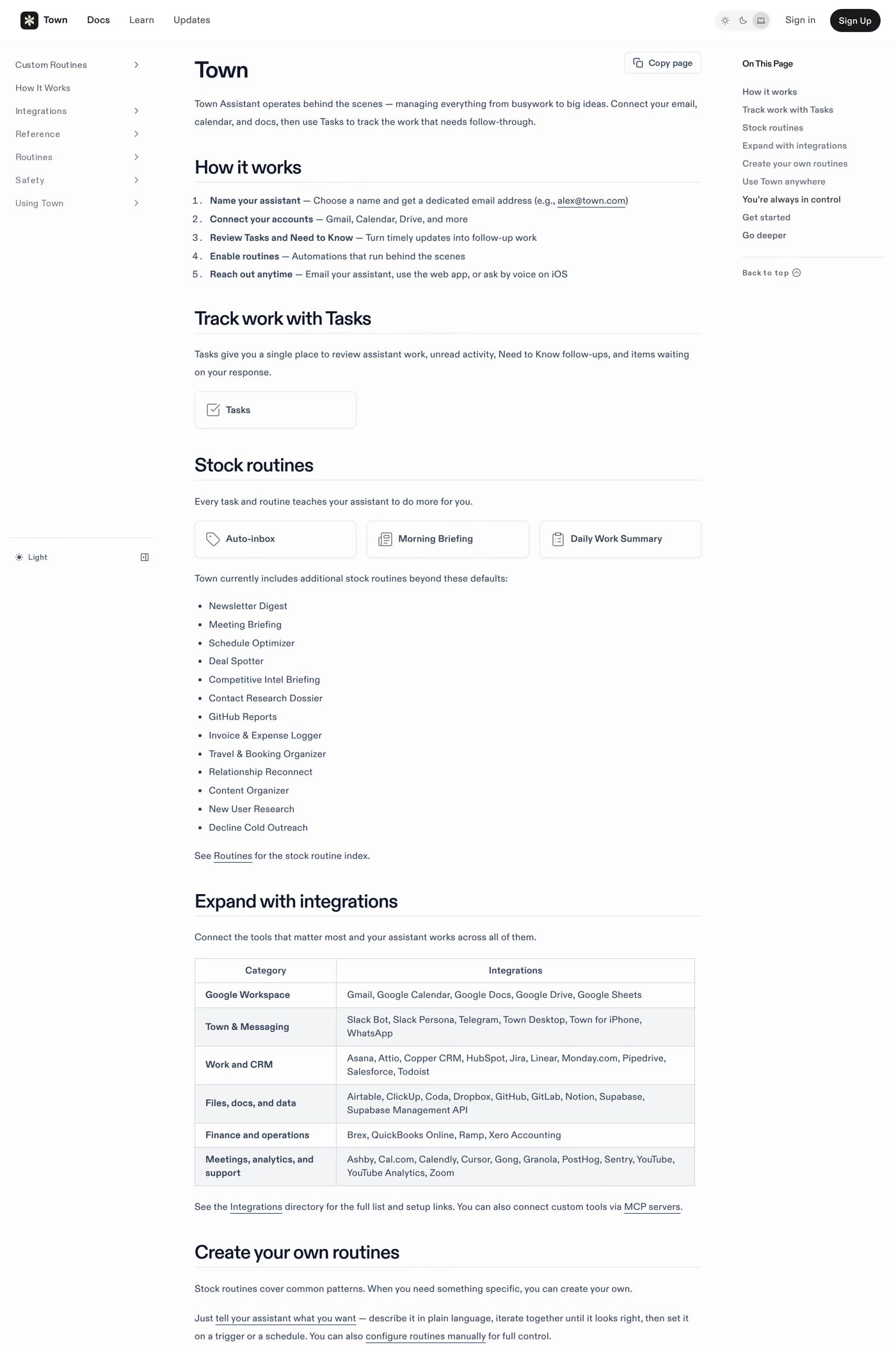 Town — screenshot of the docs page