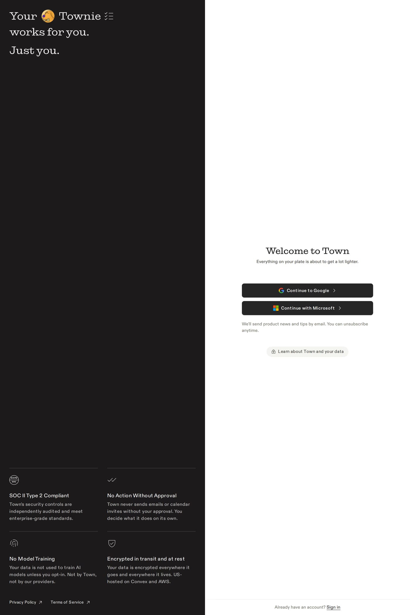 Town sign up page