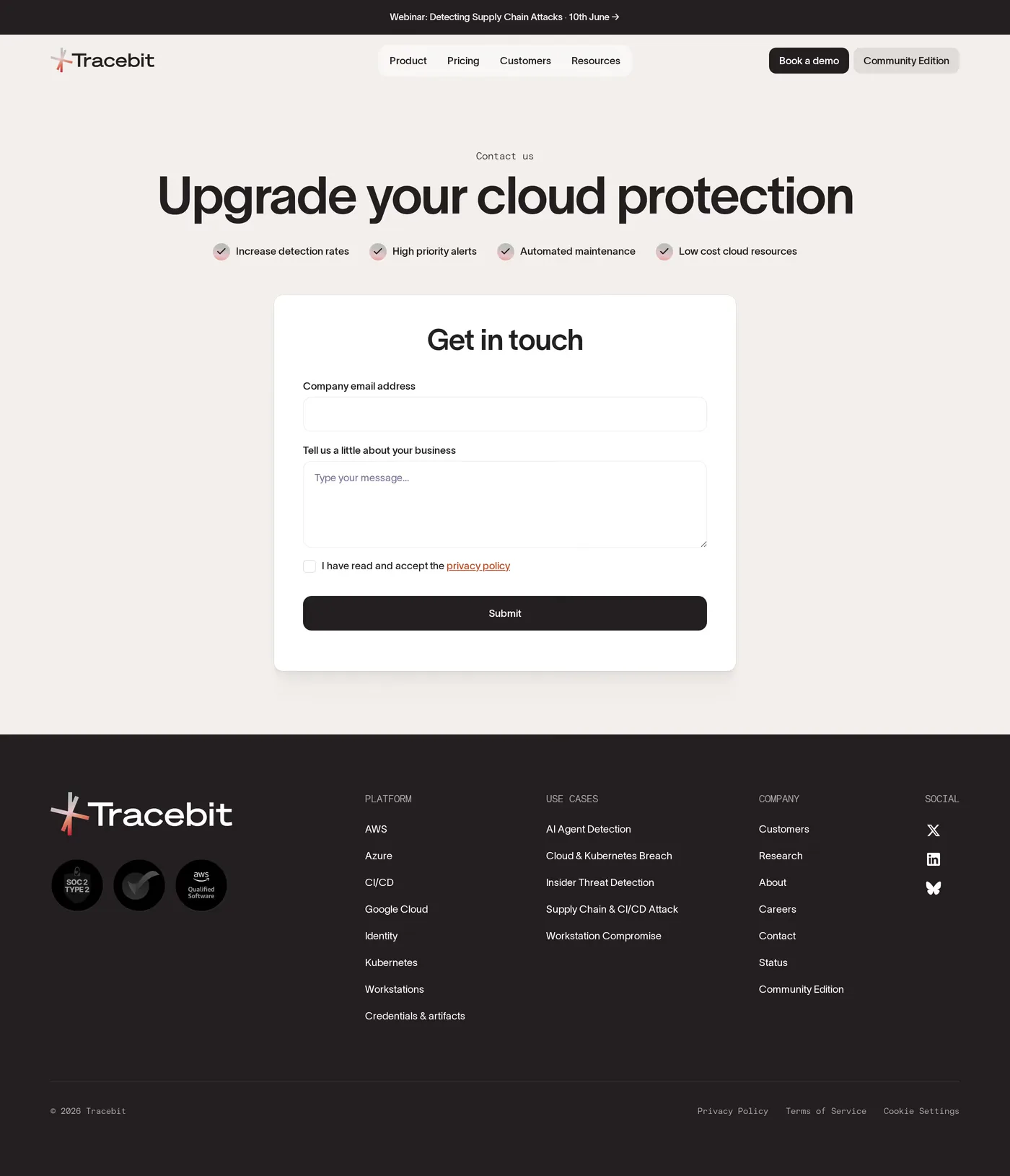 Tracebit — screenshot of the contact page