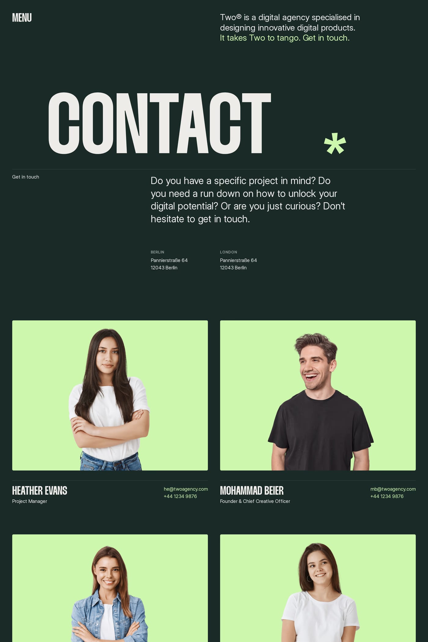 Two — screenshot of the contact page