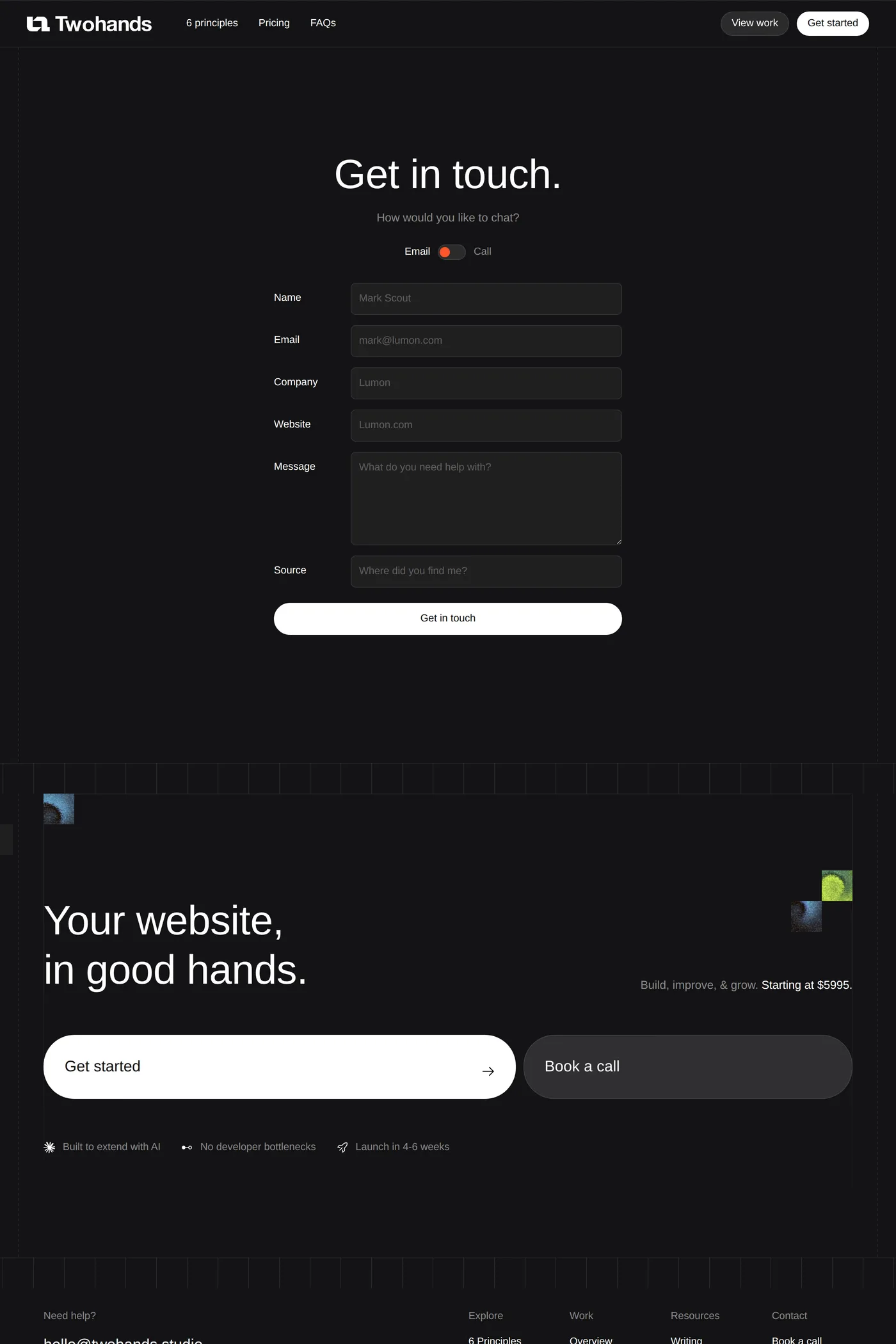 Twohands — screenshot of the contact page