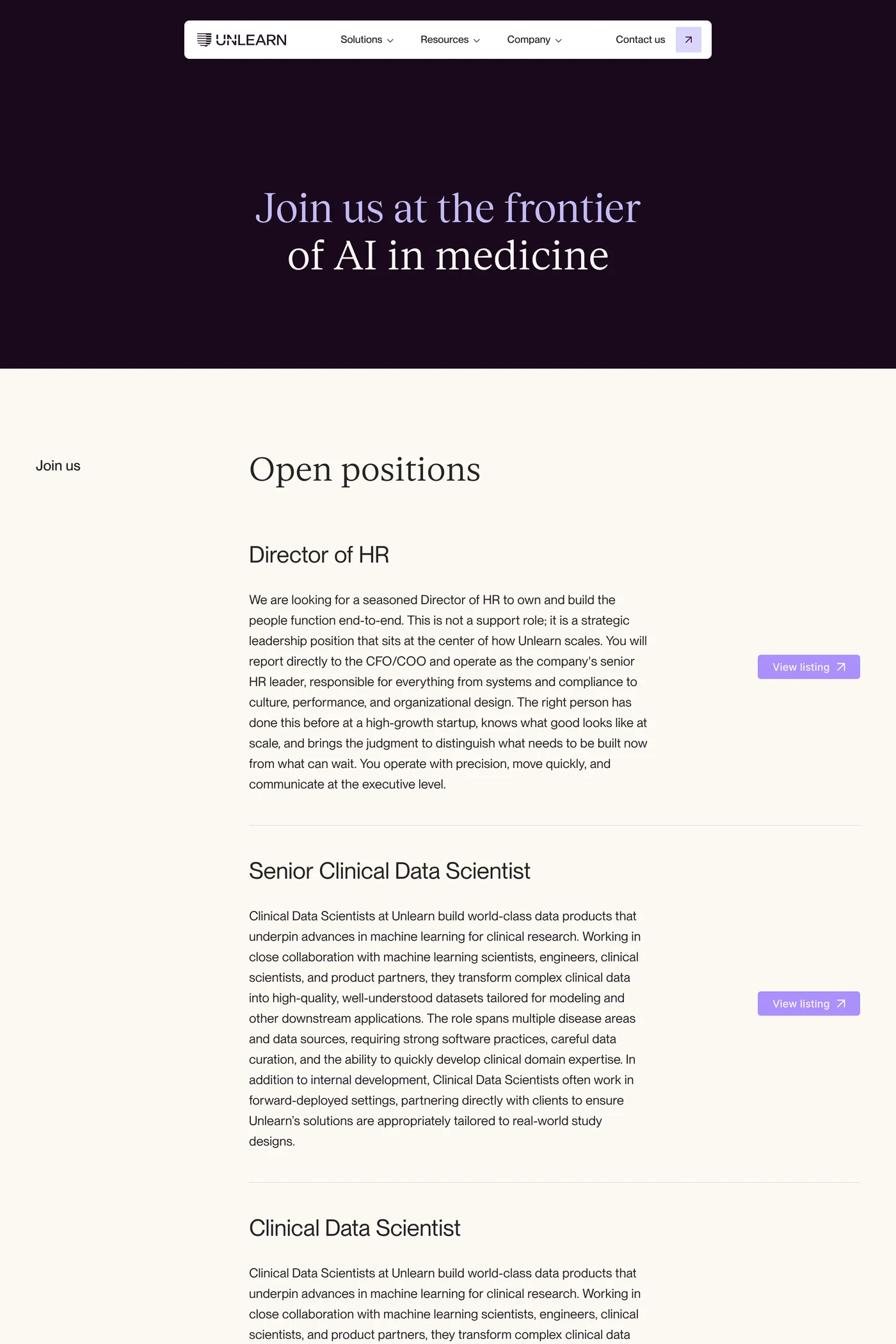 Unlearn — screenshot of the careers page