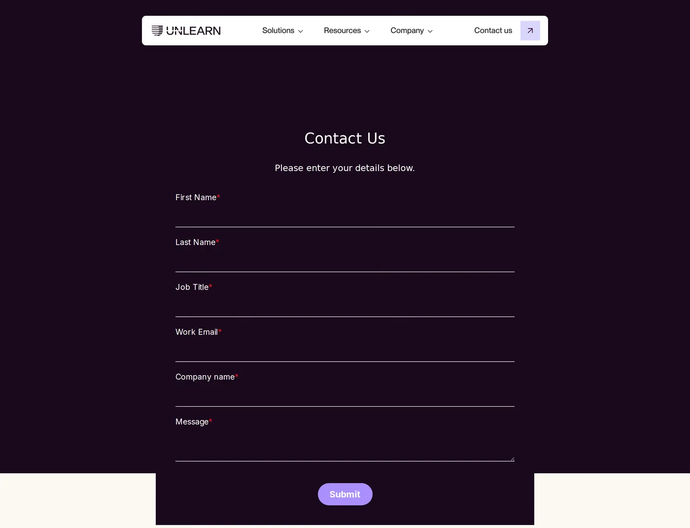 Unlearn — screenshot of the contact page