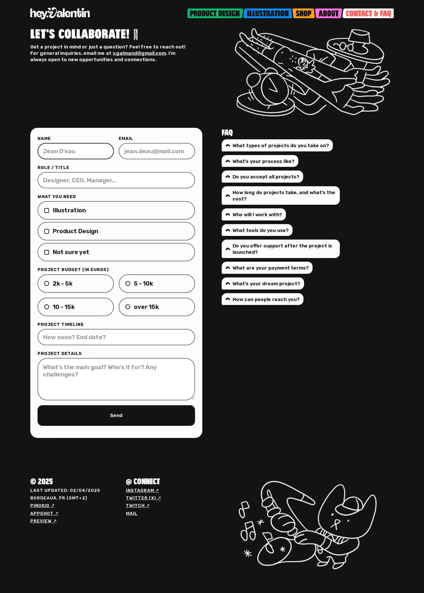 Valentin — screenshot of the contact page
