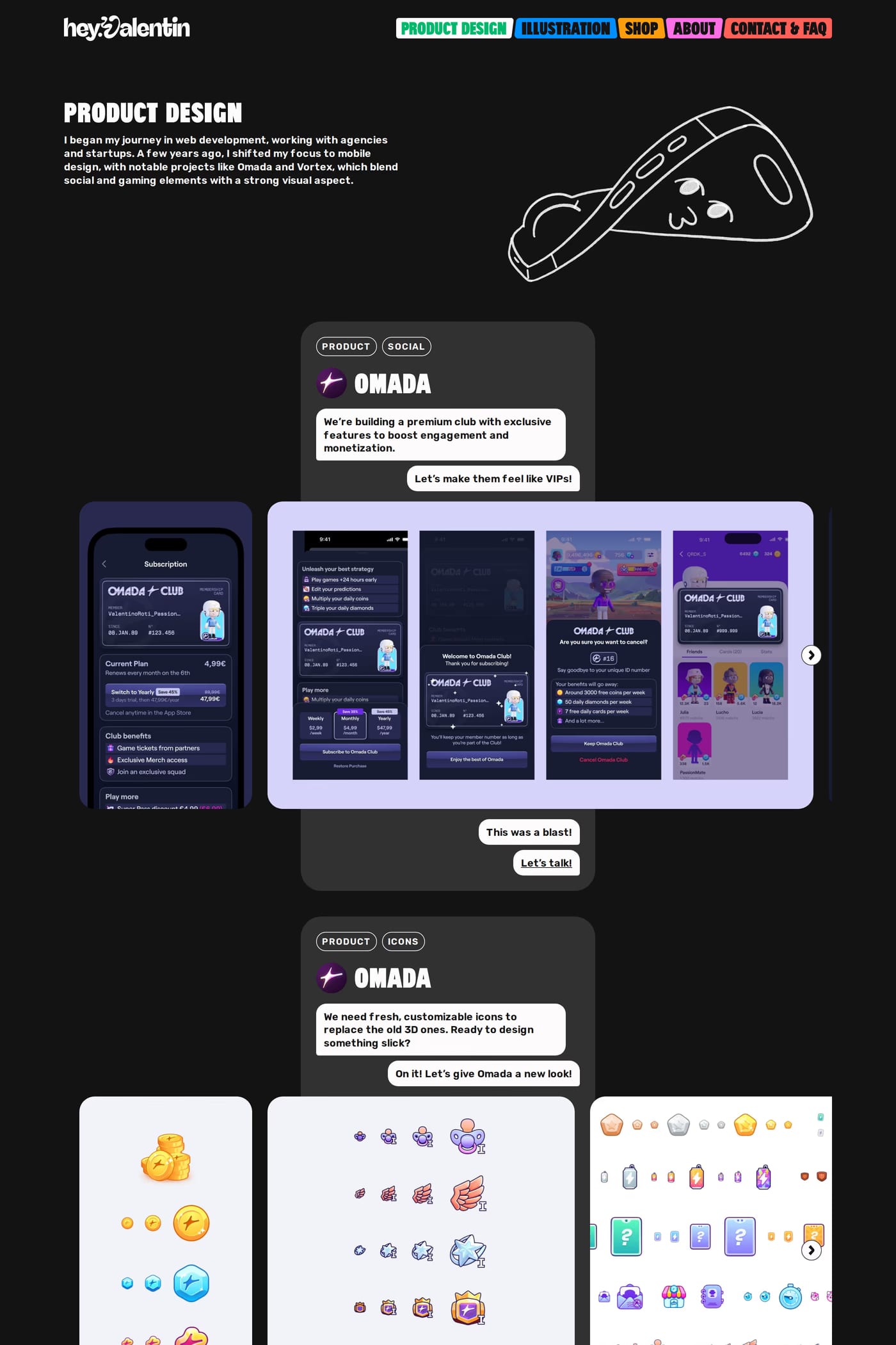 Valentin — screenshot of the features page