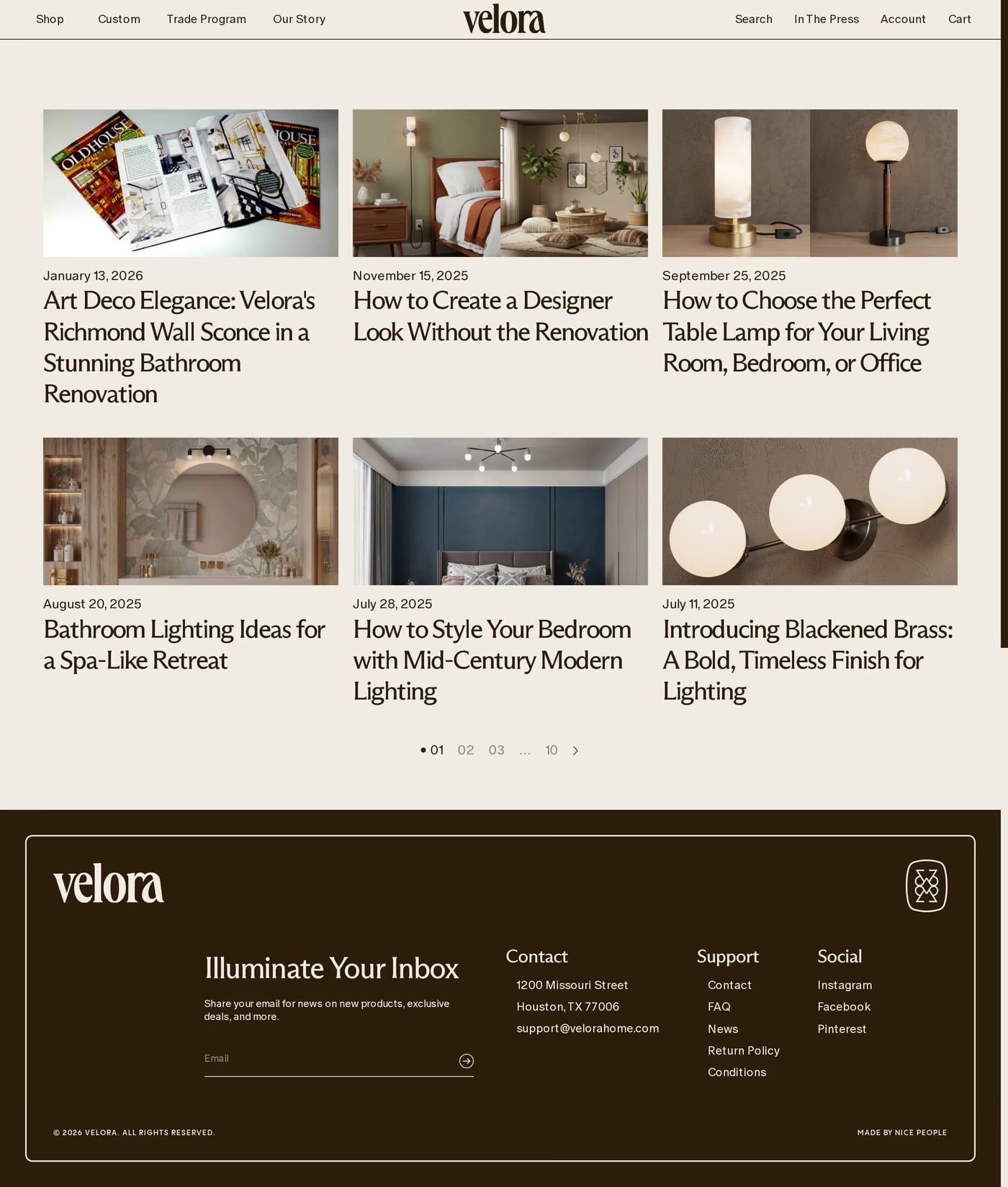 Velora Home — screenshot of the blog page