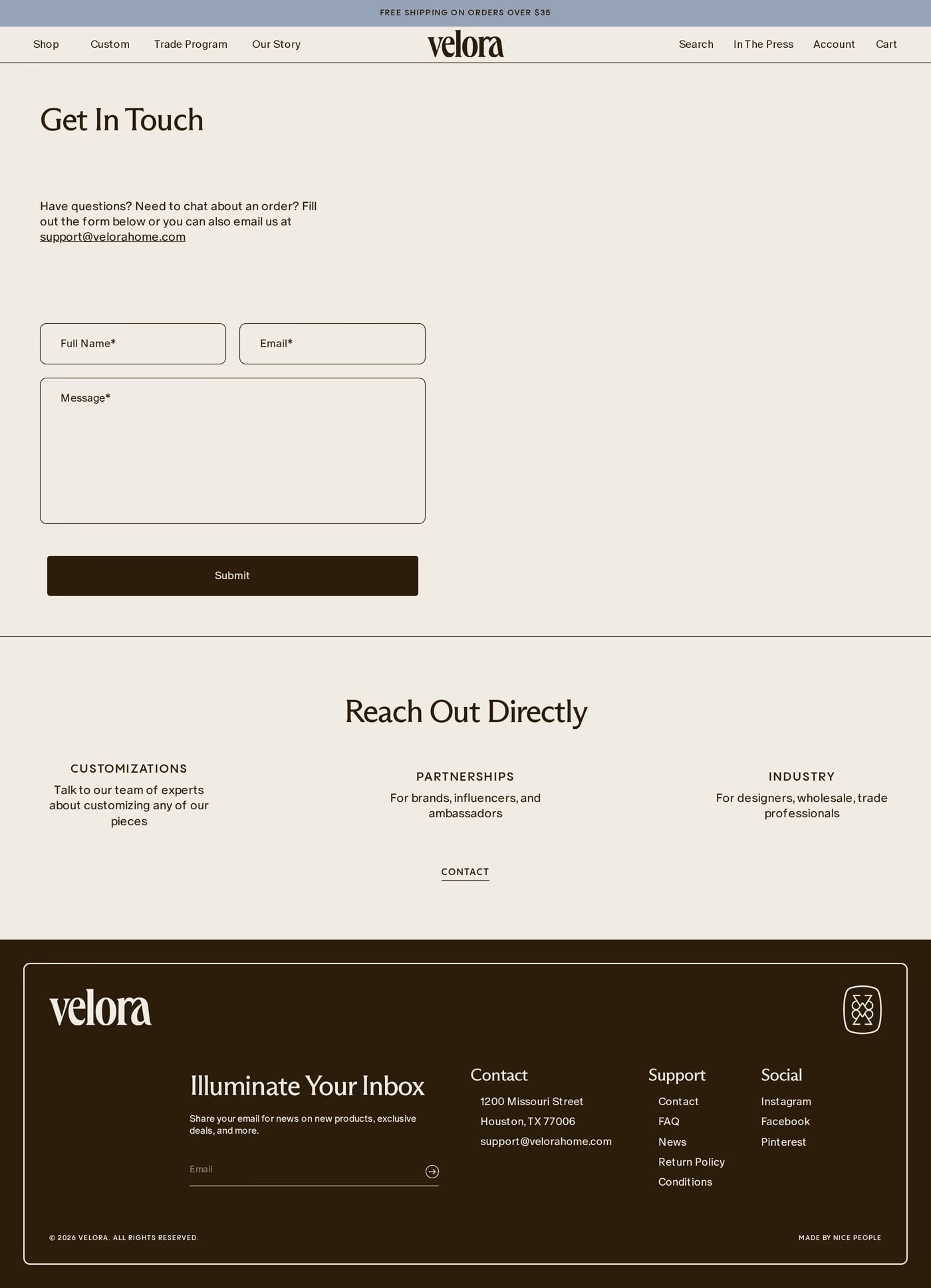 Velora Home contact page