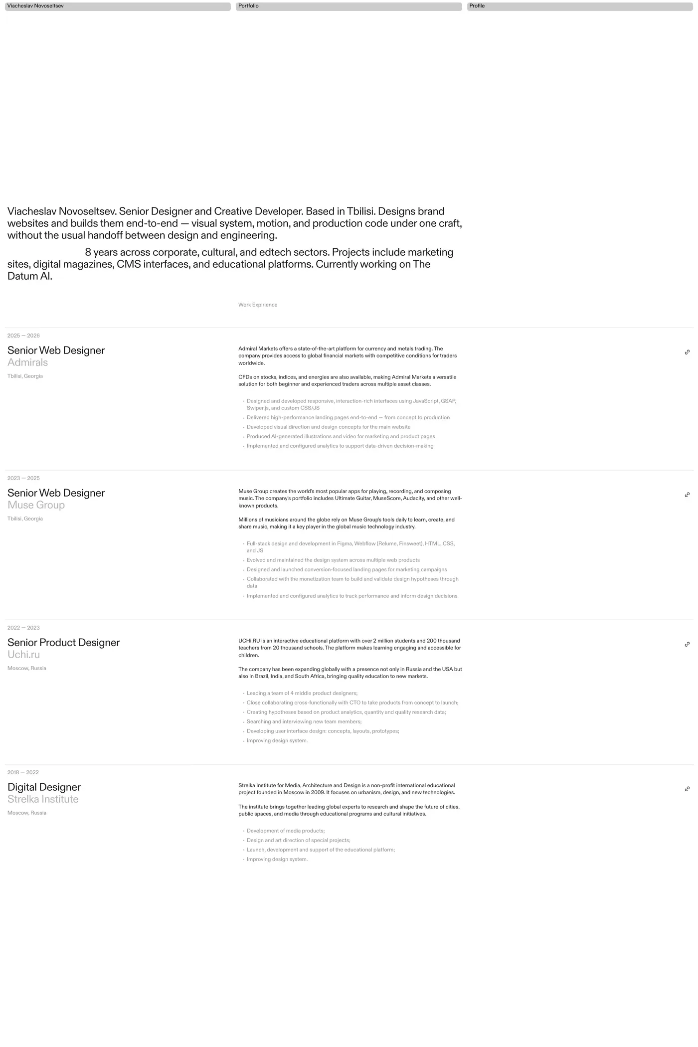 Viacheslav Novoseltsev — screenshot of the about page