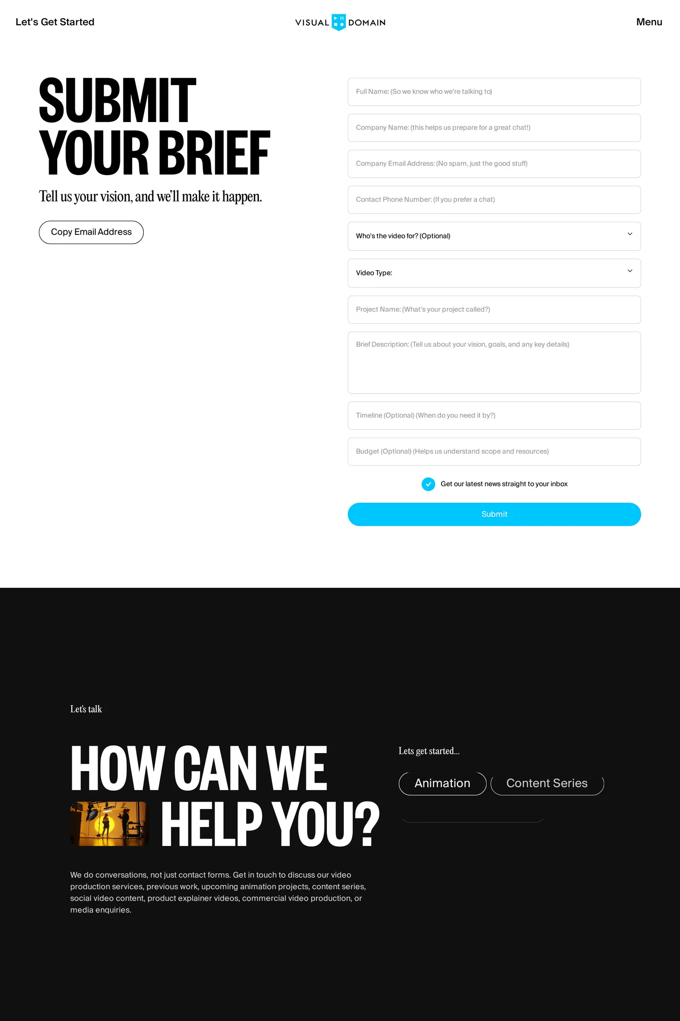 Visual Domain — screenshot of the contact page