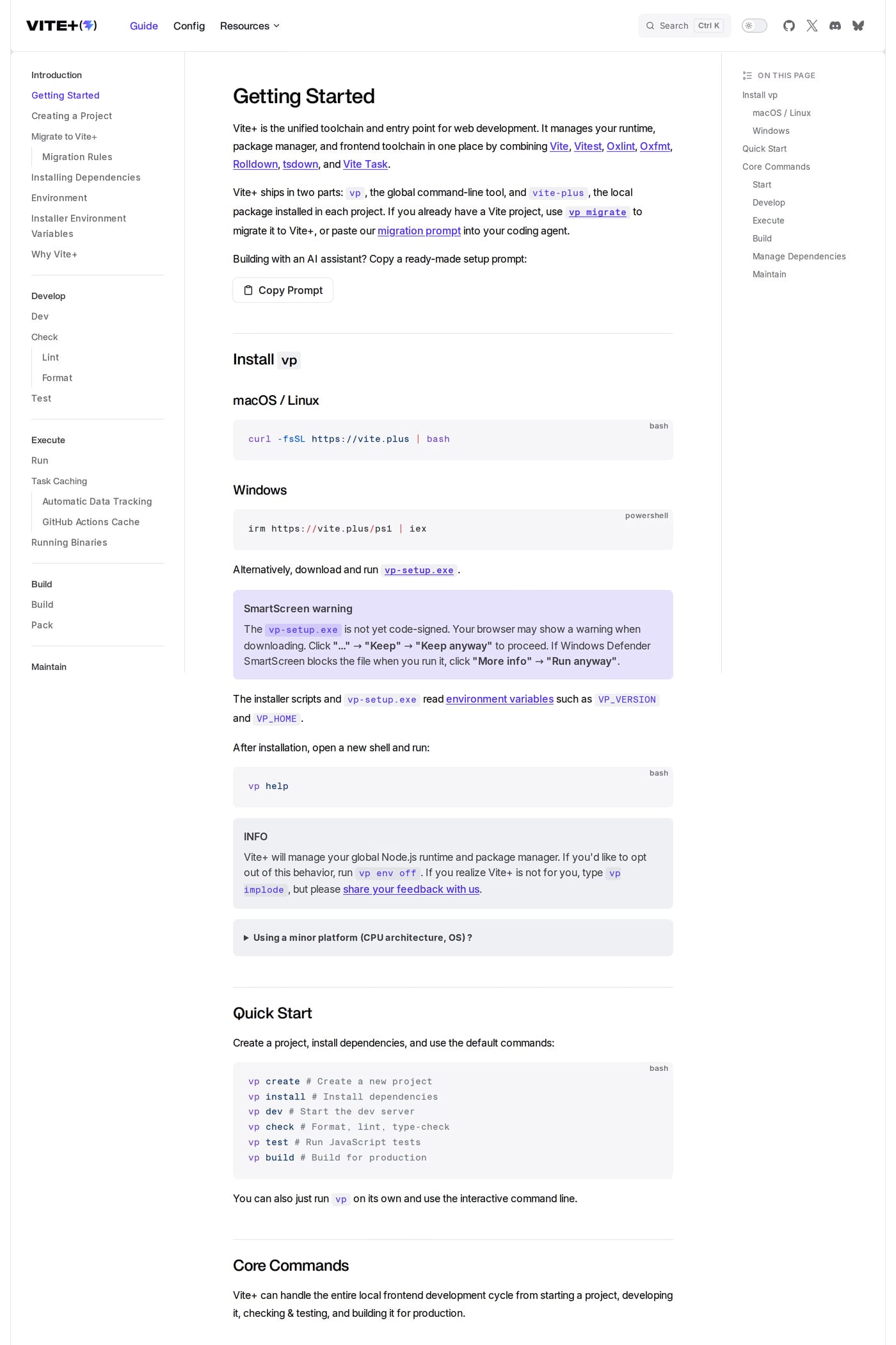 Vite+ — screenshot of the docs page