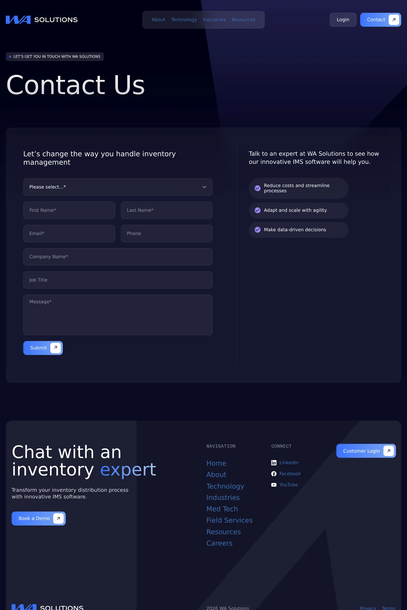 WA Solutions — screenshot of the contact page