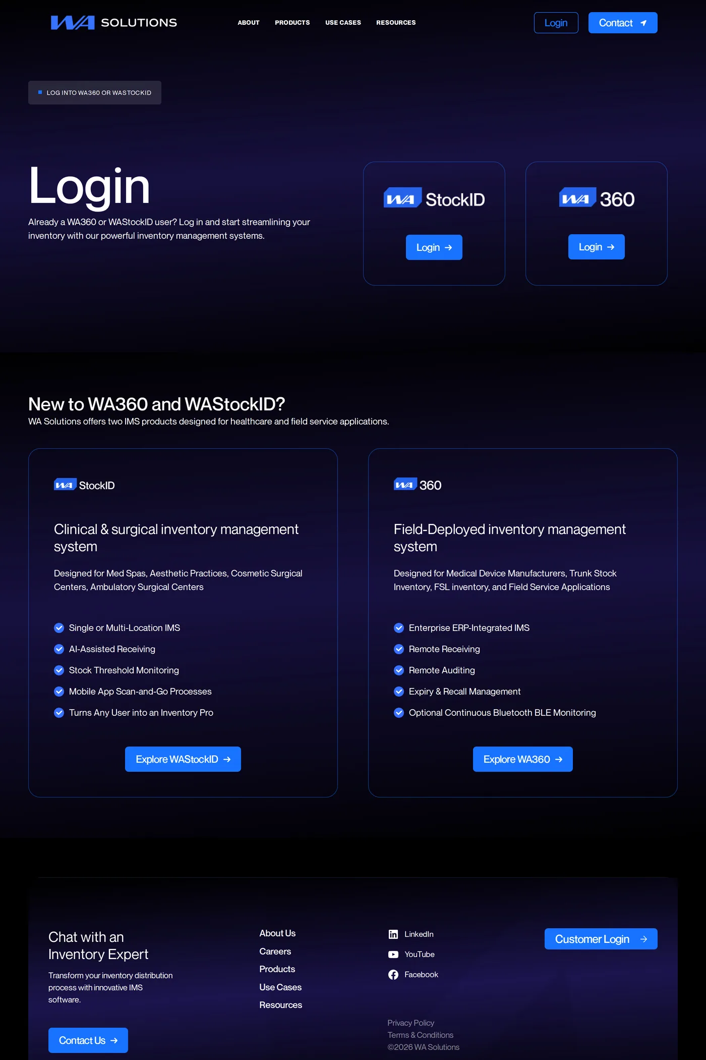 WA Solutions — screenshot of the login page