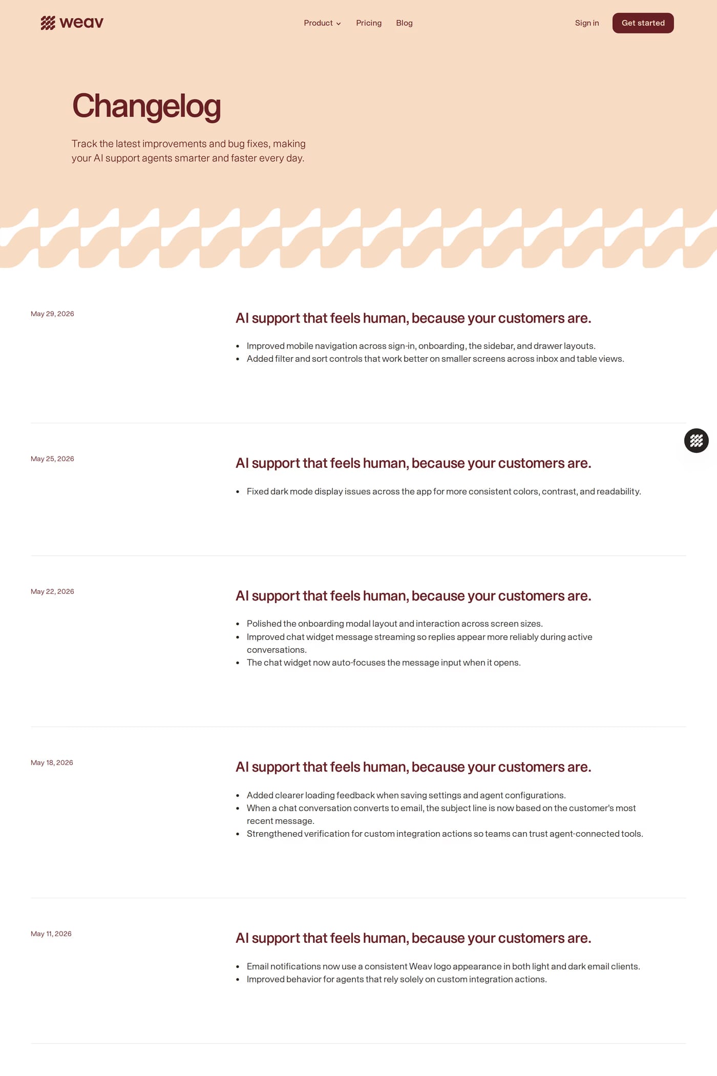 Weav — screenshot of the changelog page