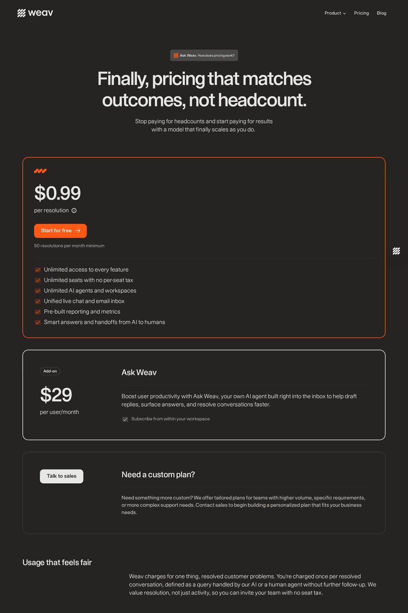 Weav — screenshot of the pricing page