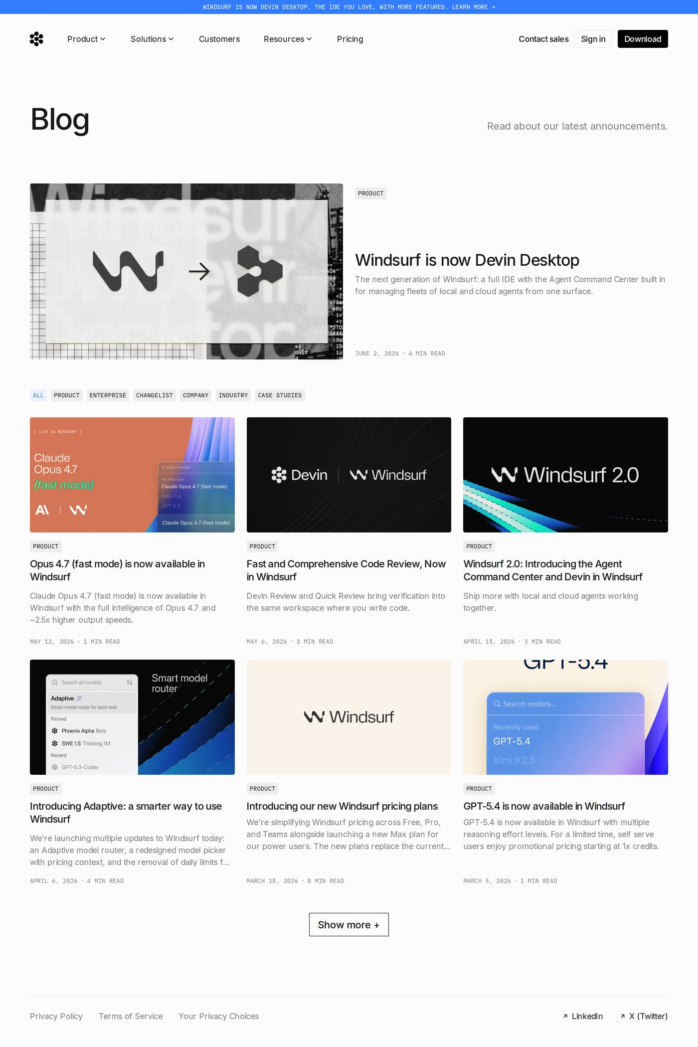 Windsurf — screenshot of the blog page