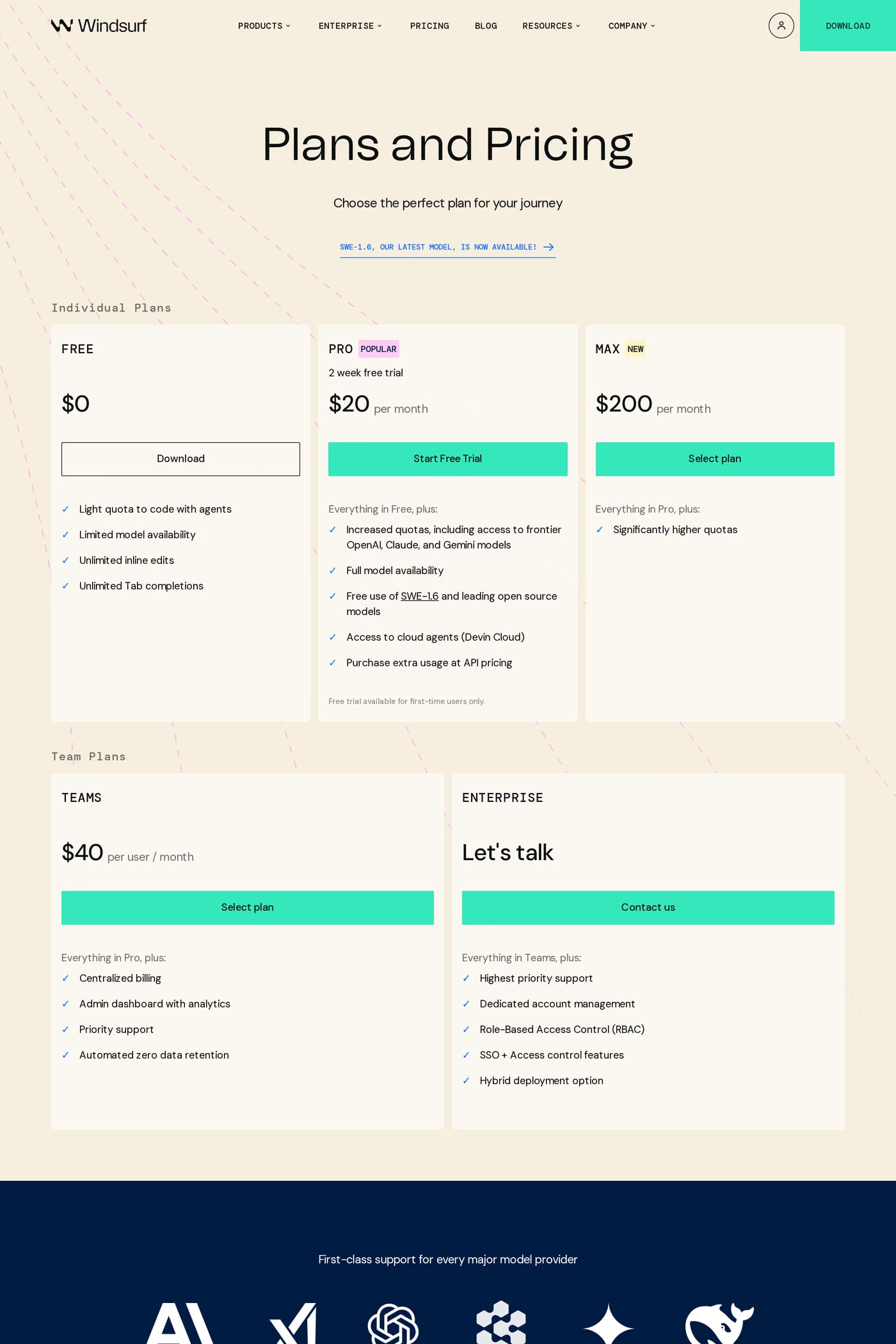 Windsurf — screenshot of the pricing page
