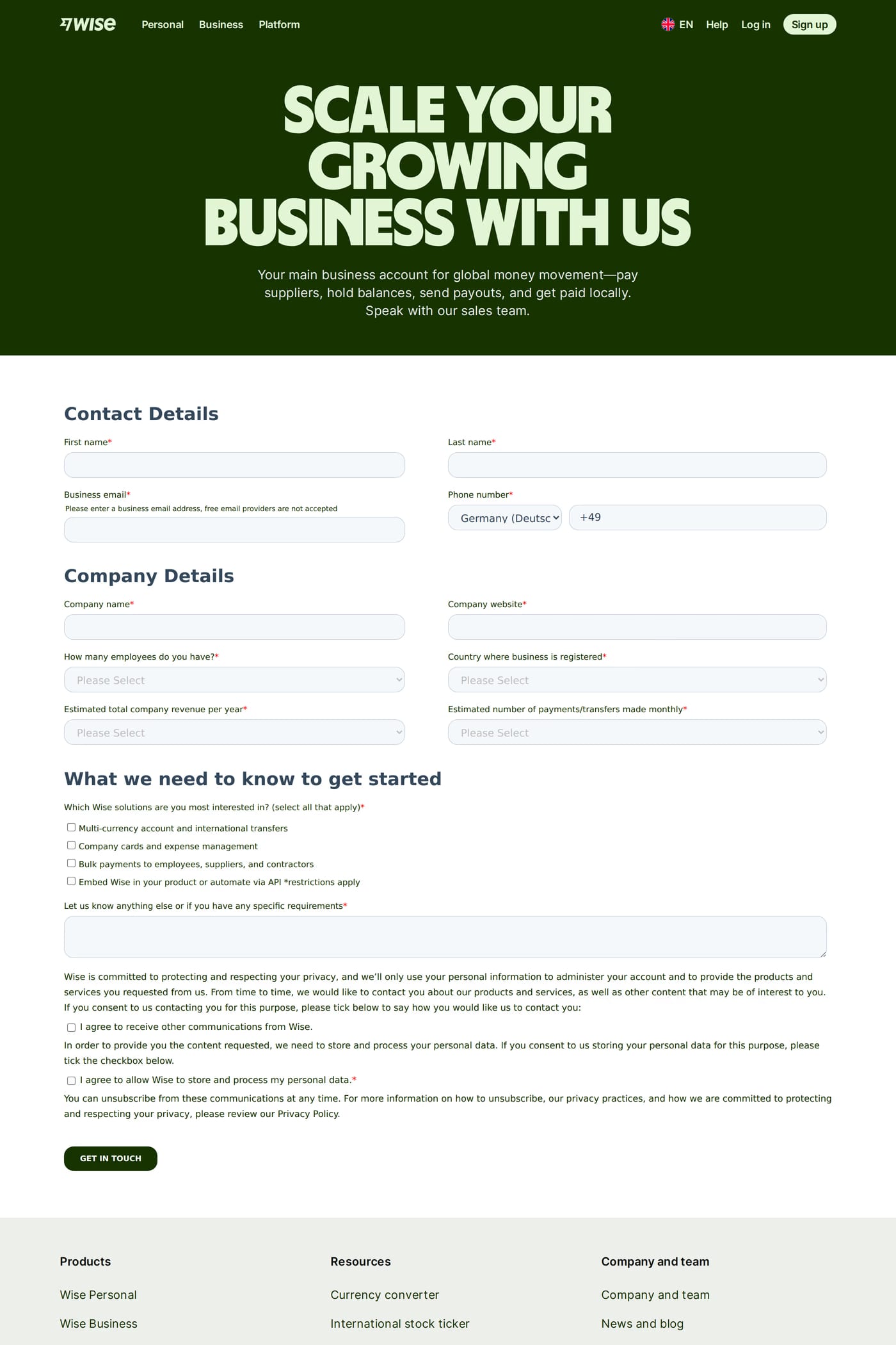 Wise contact page