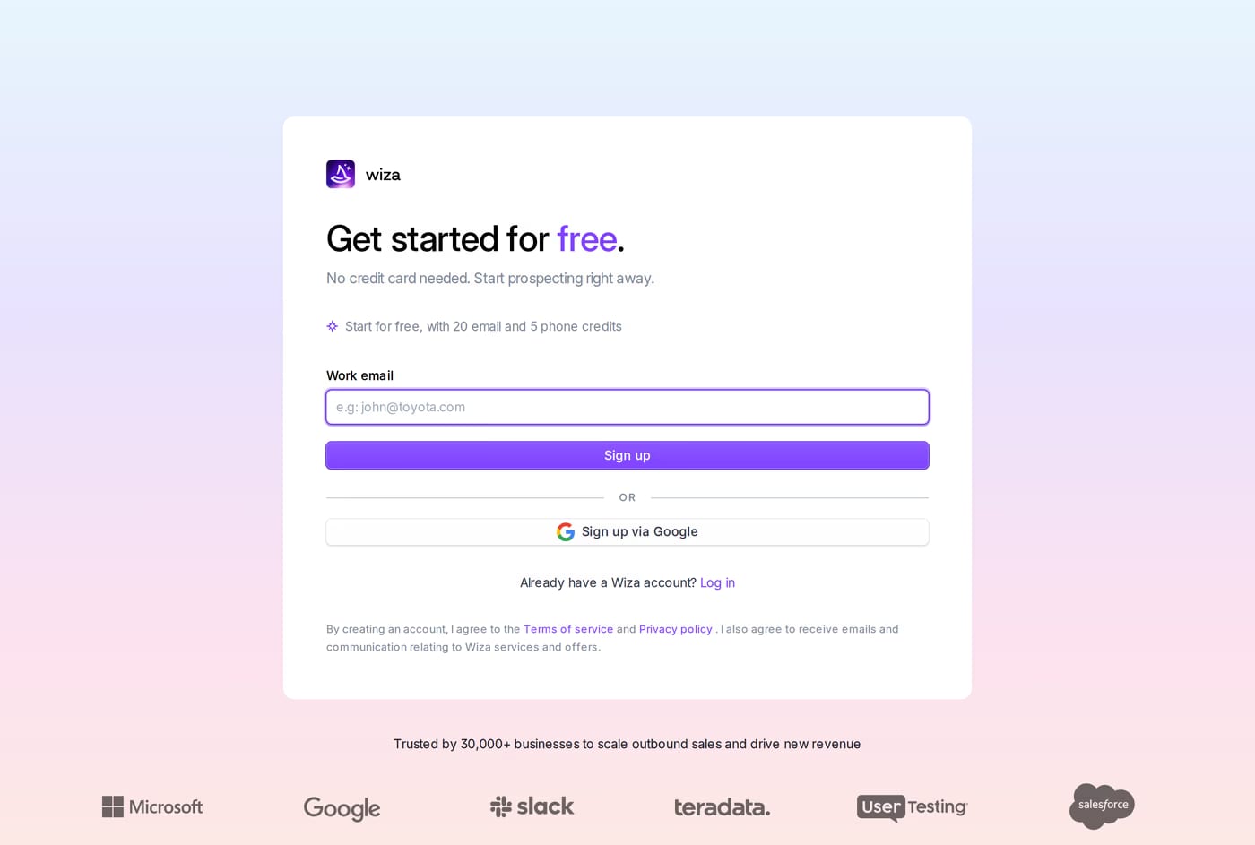 Wiza sign up page
