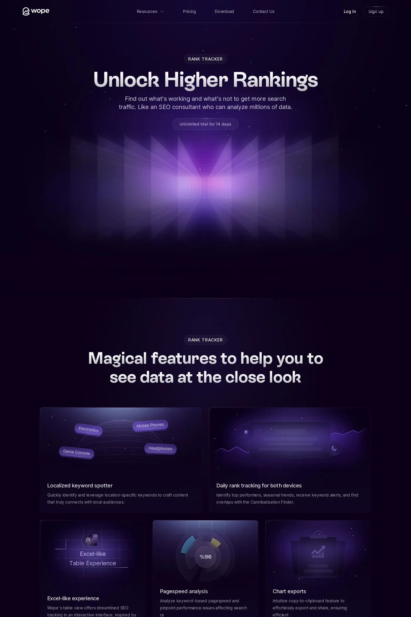Wope — screenshot of the features page
