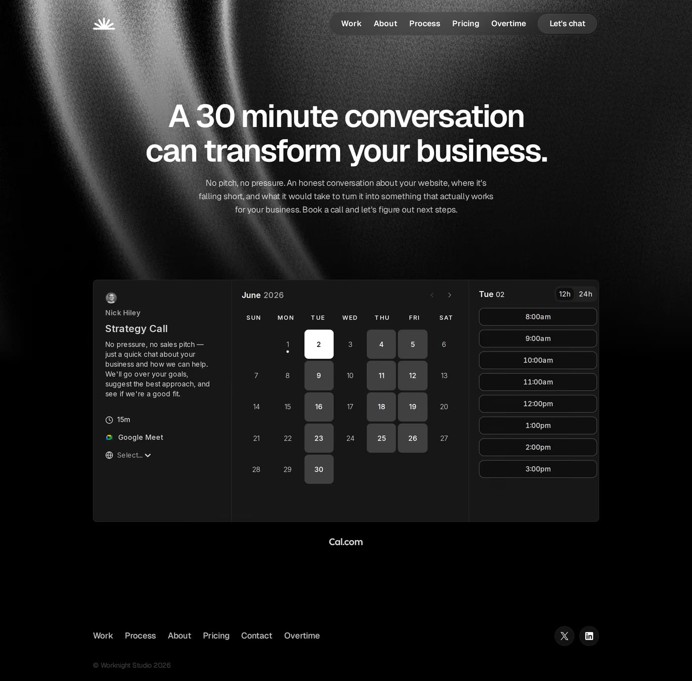 Worknight Studio — screenshot of the contact page