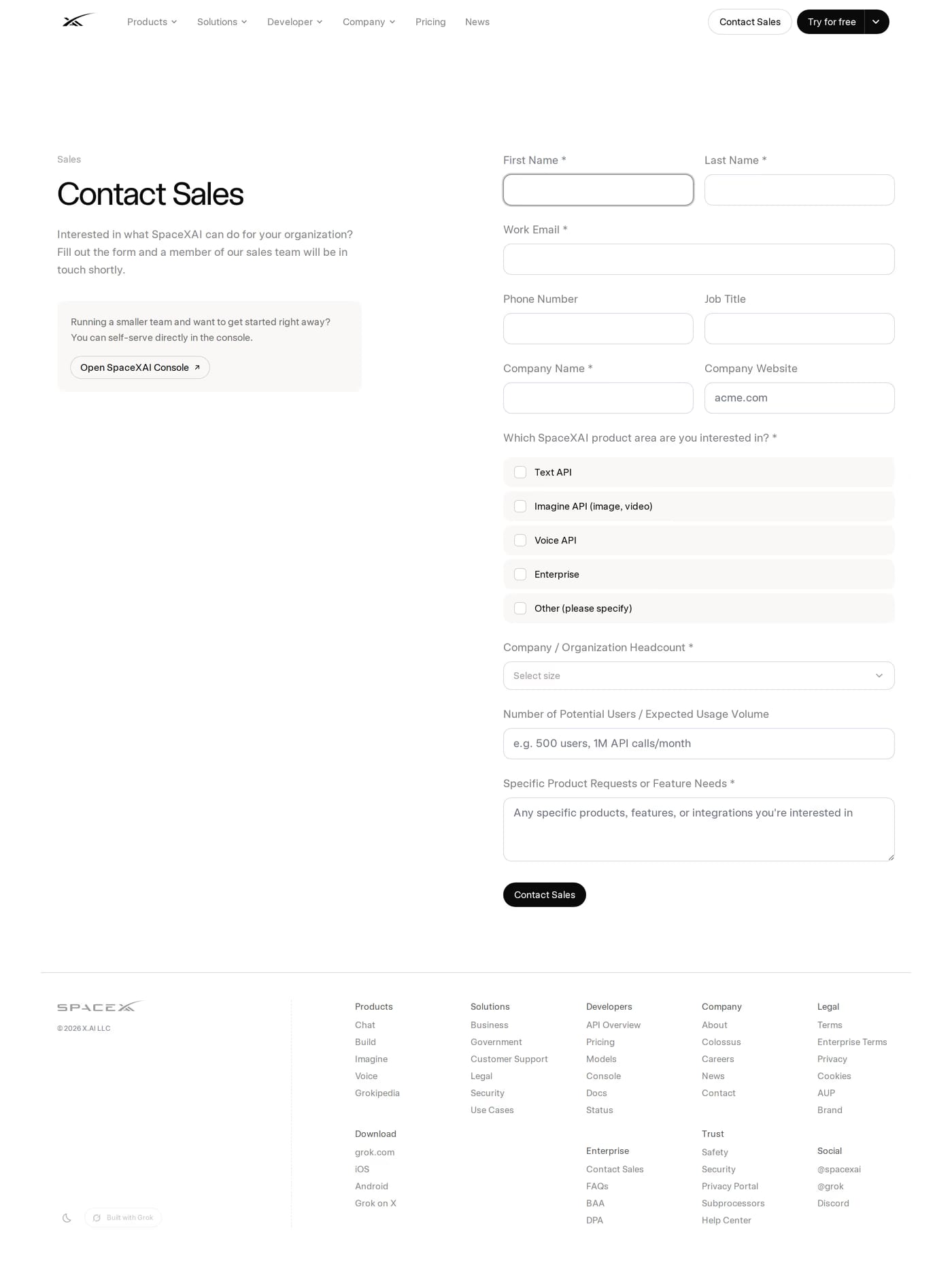 xAI contact page