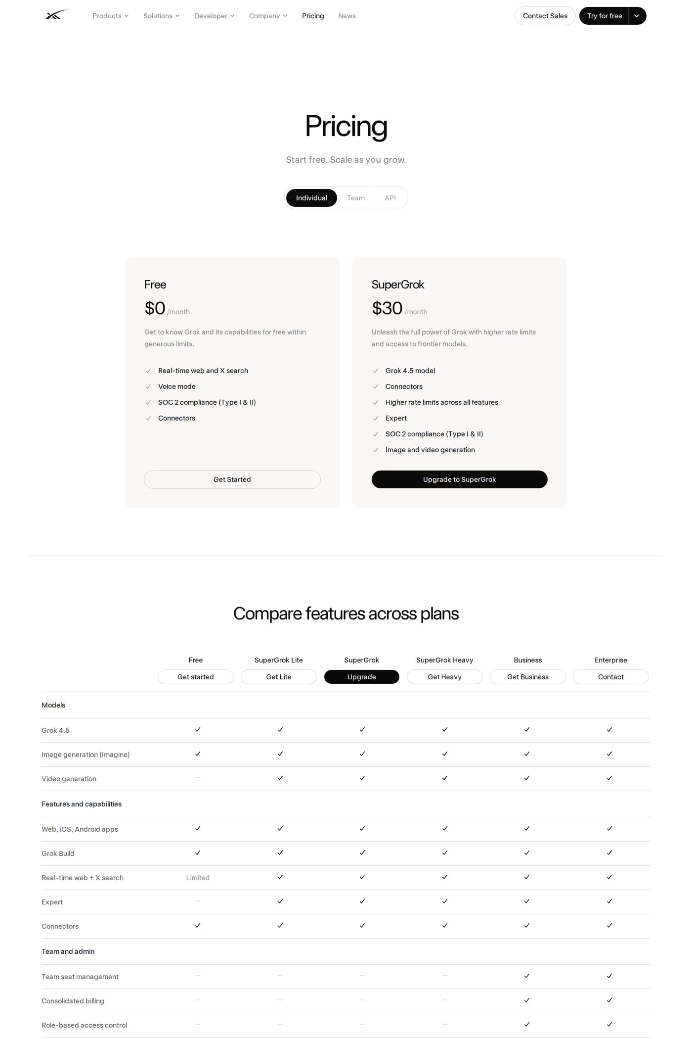 xAI pricing page