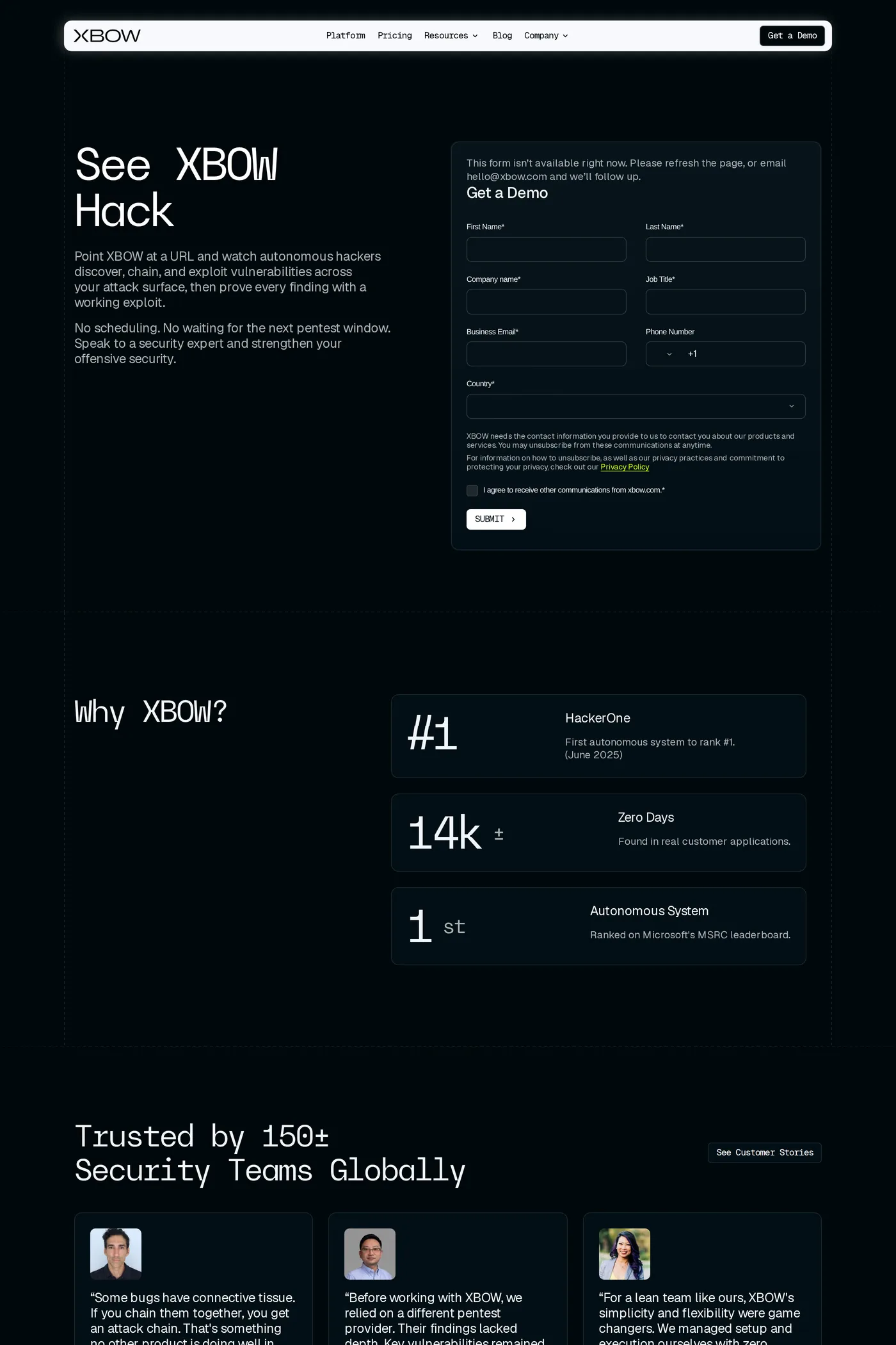 XBOW — screenshot of the contact page