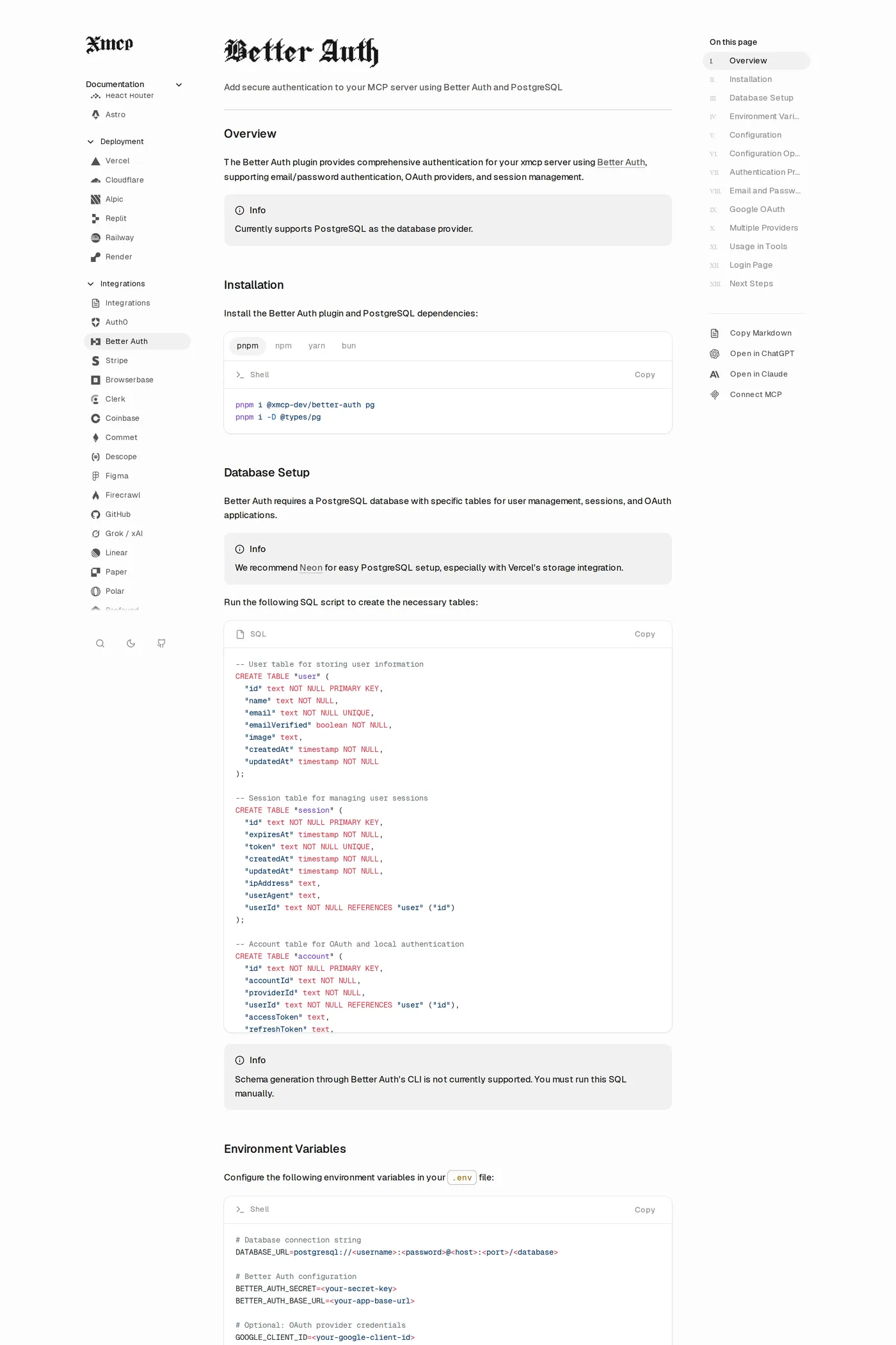 XMCP — screenshot of the integrations page