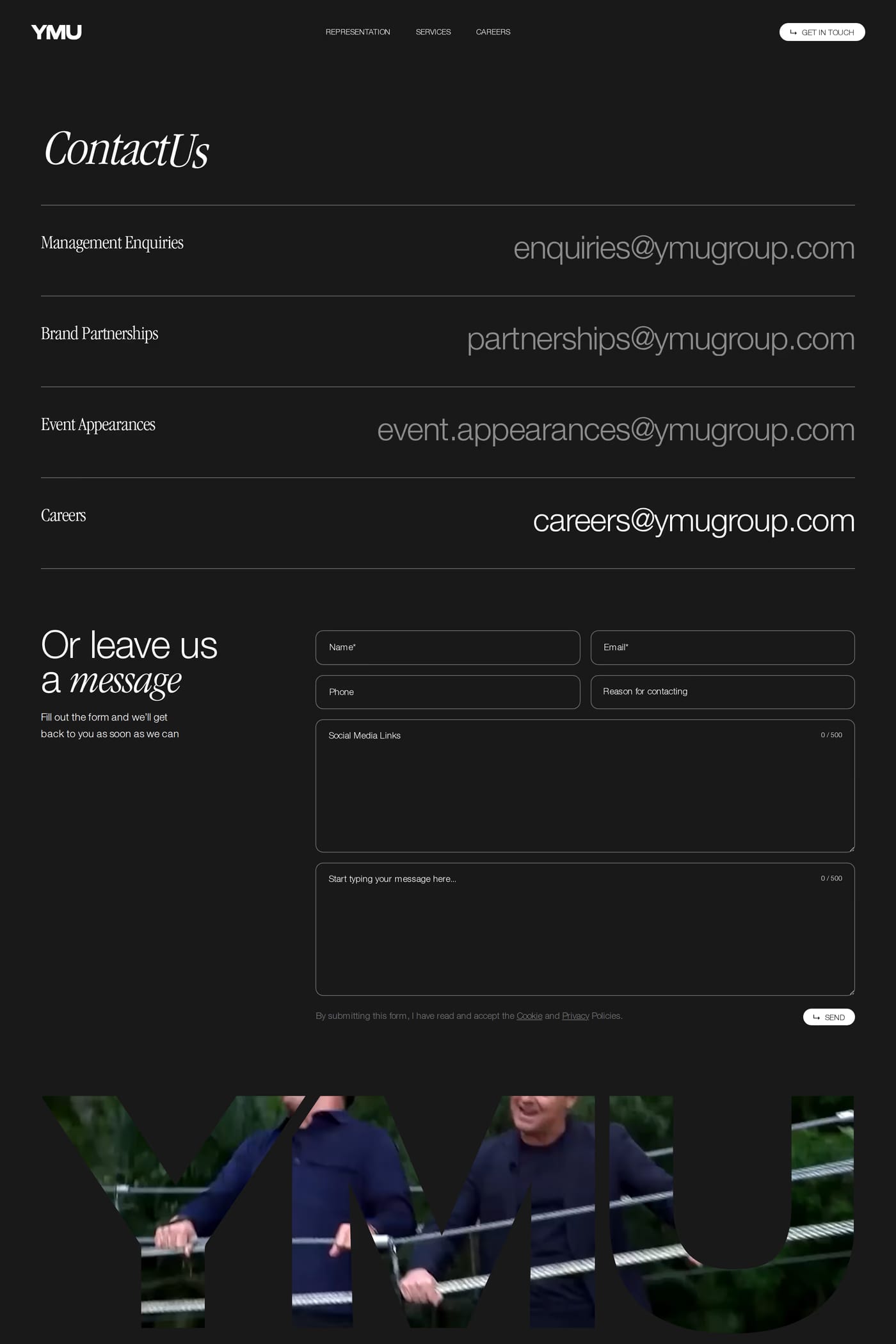 YMU — screenshot of the contact page